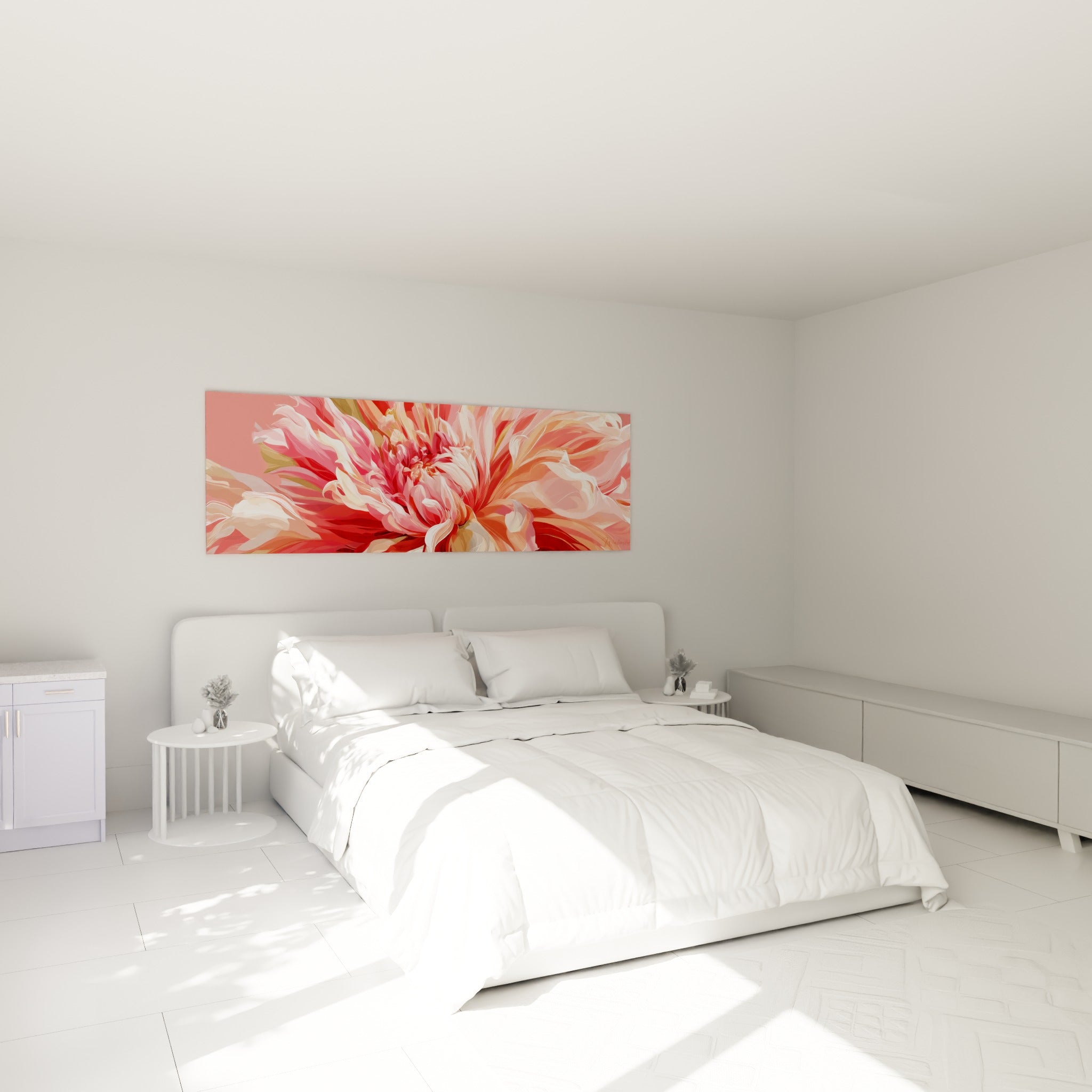 Pétales roses et corail du dahlia épanoui, au-dessus d'un lit dans une chambre claire