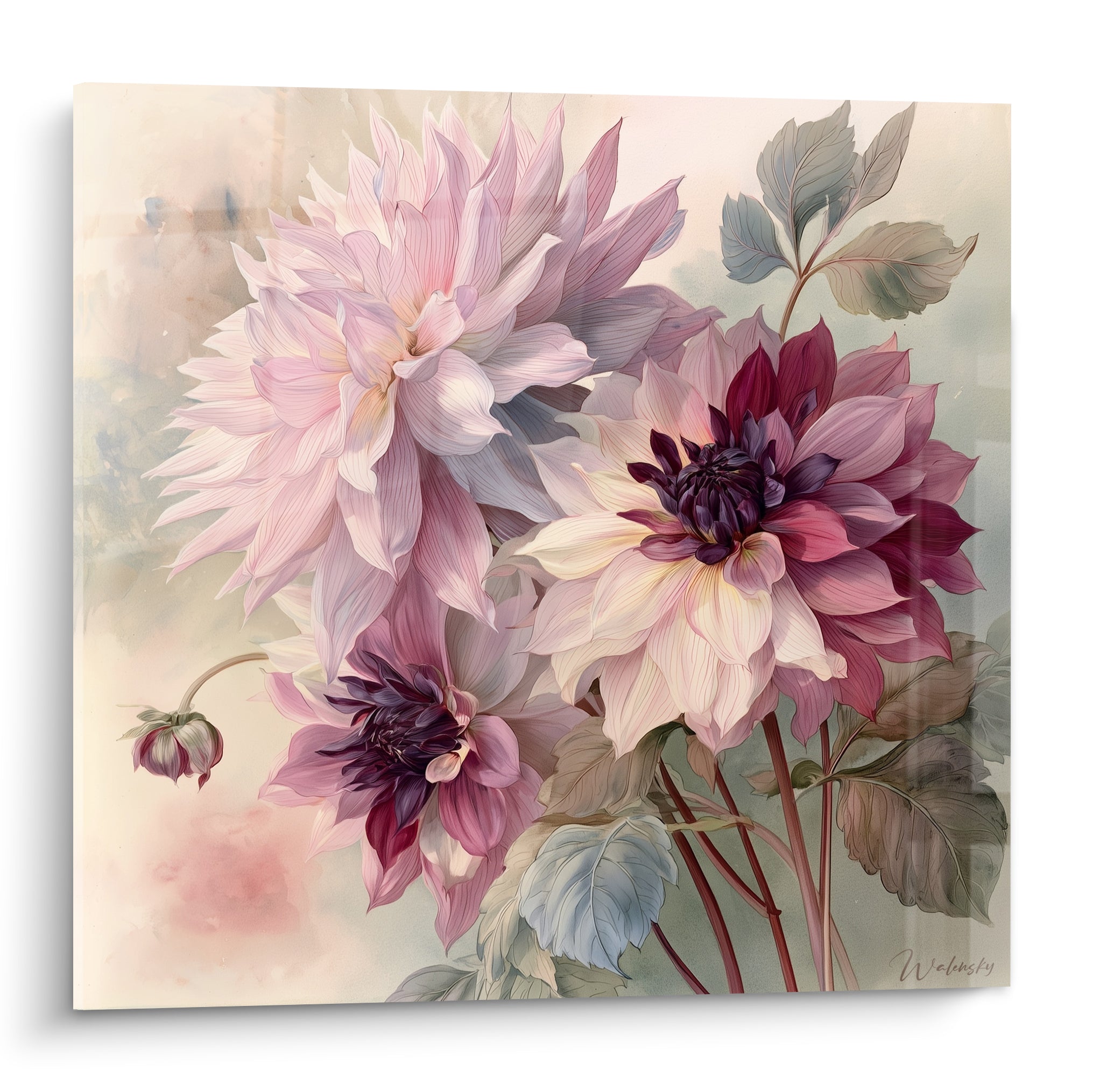 Dahlias roses et pourpres aux pétales effilés peints en style aquarelle sur fond beige vaporeux