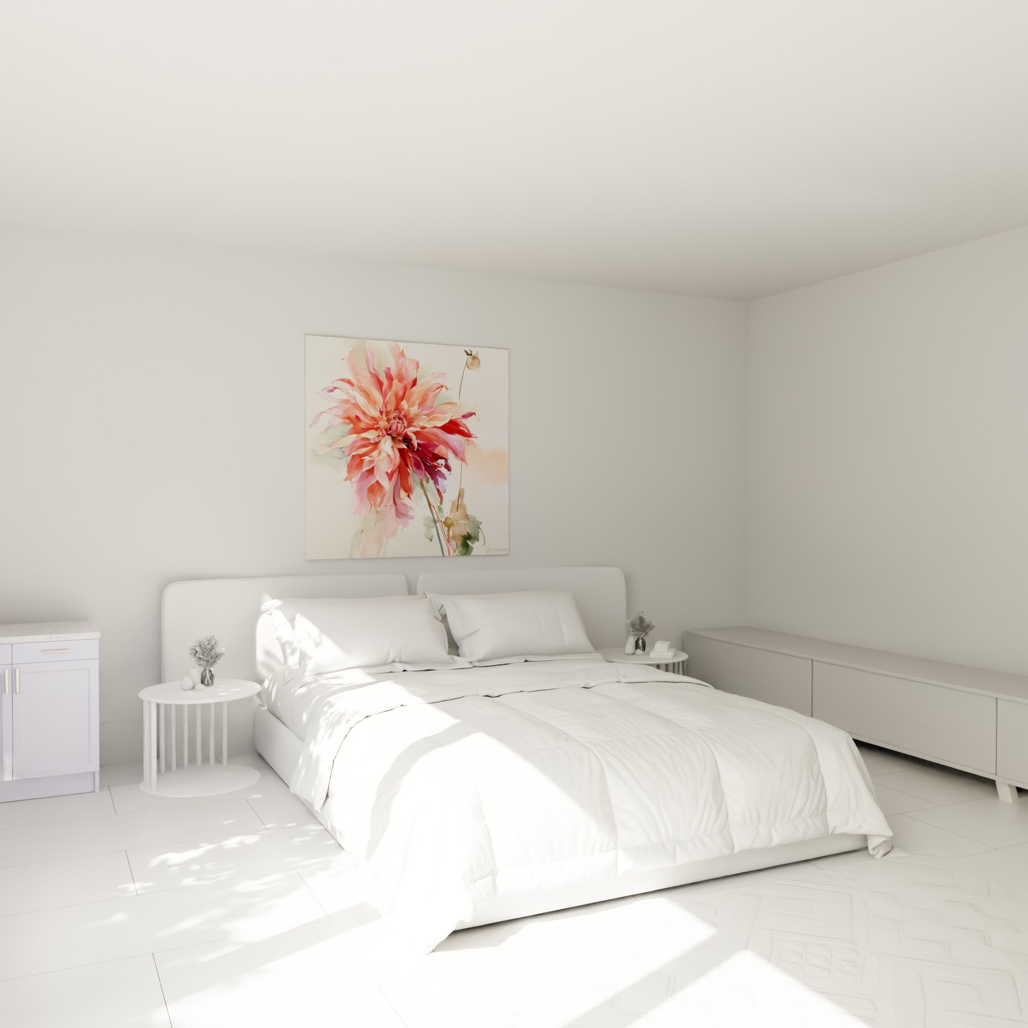 Pétales corail et bordeaux du dahlia peint, suspendus au-dessus d'un lit dans une chambre claire