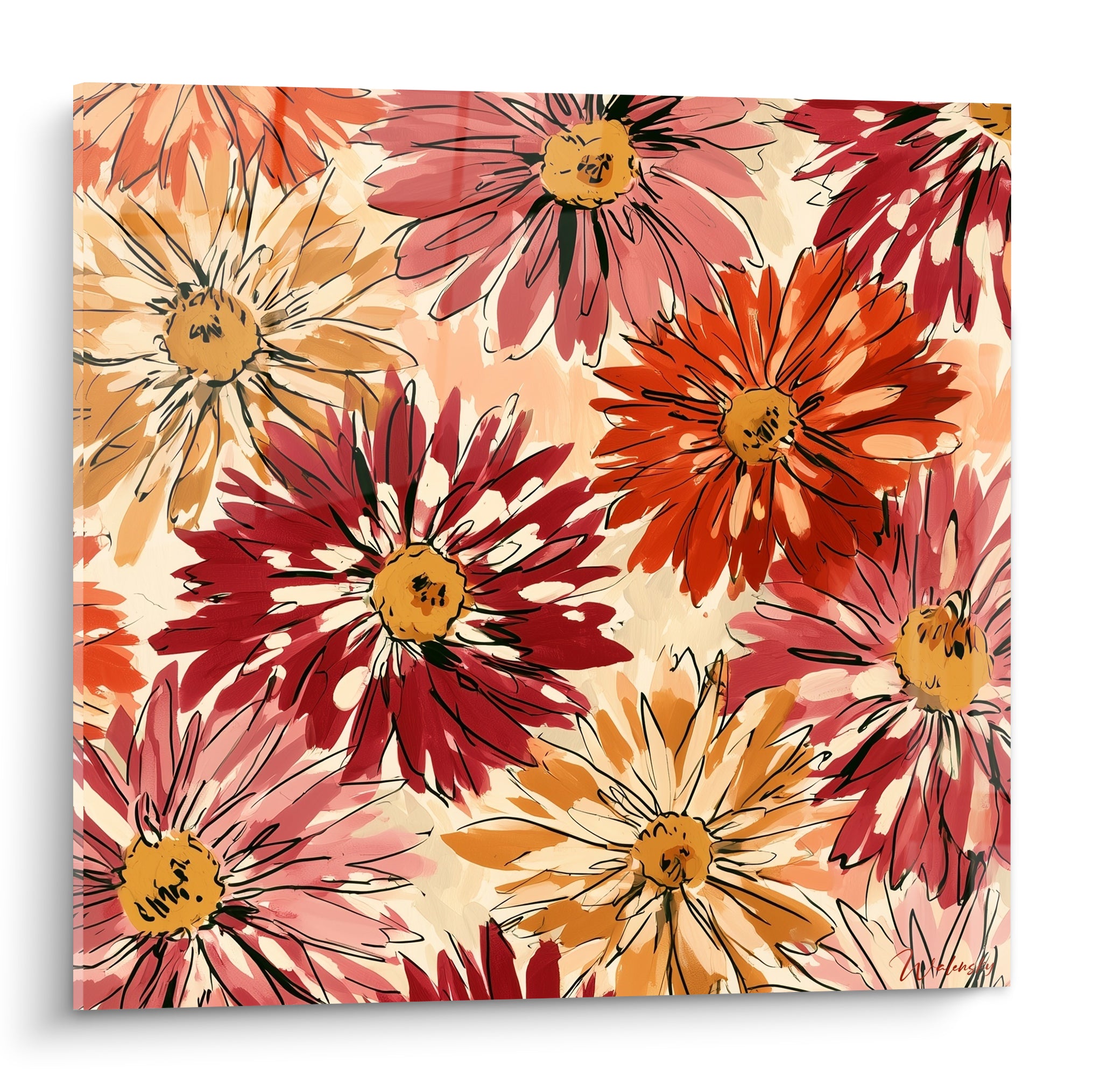 Dahlias rouge bordeaux et orange aux pétales esquissés sur fond ivoire lumineux
