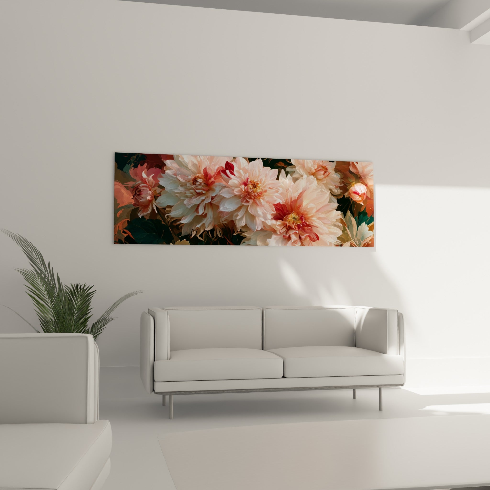 Fleurs de dahlia rose pâle et rouge profond au-dessus d'un canapé dans un salon lumineux