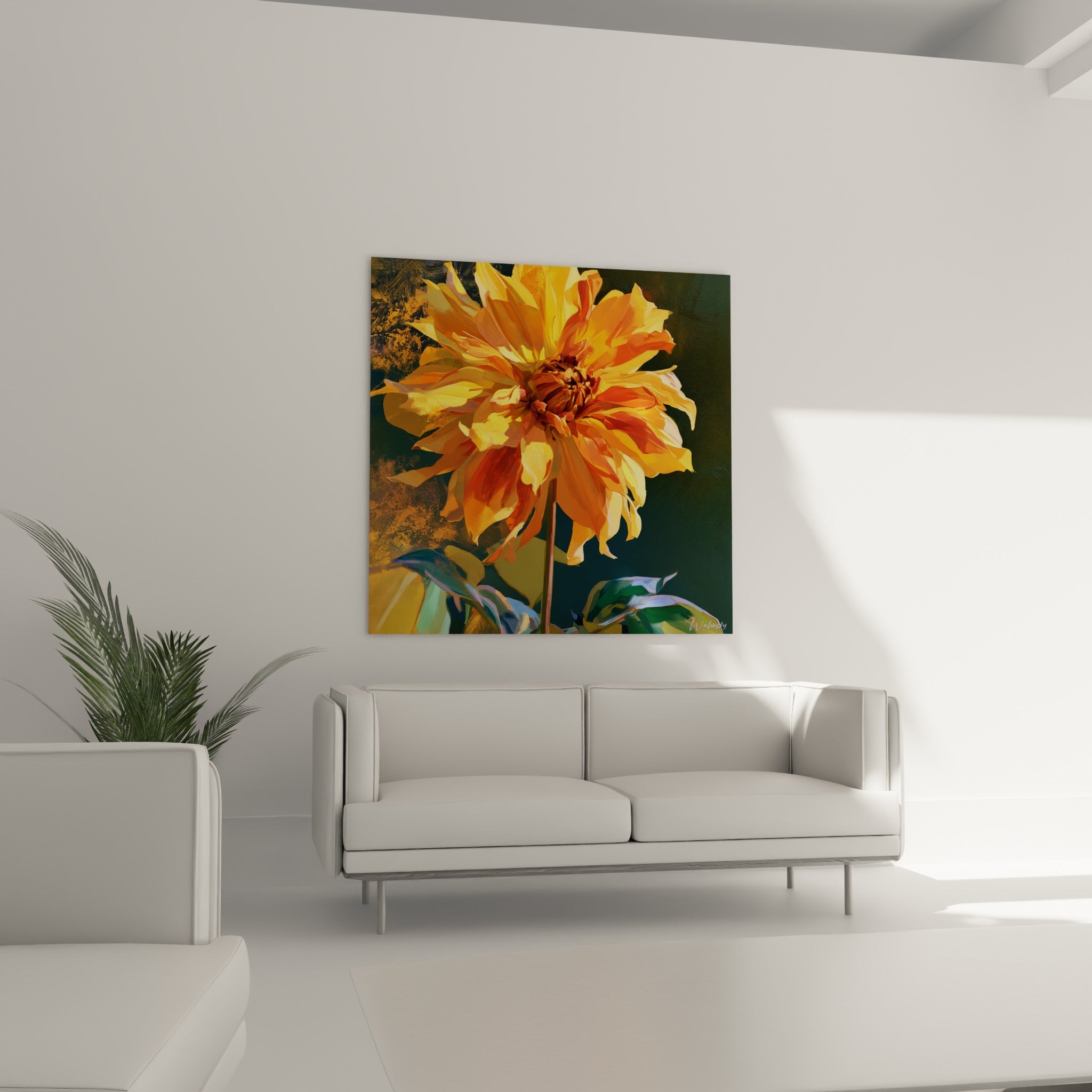 Fleur dorée et feuillage bleuté du dahlia, au-dessus d'un canapé dans un salon lumineux