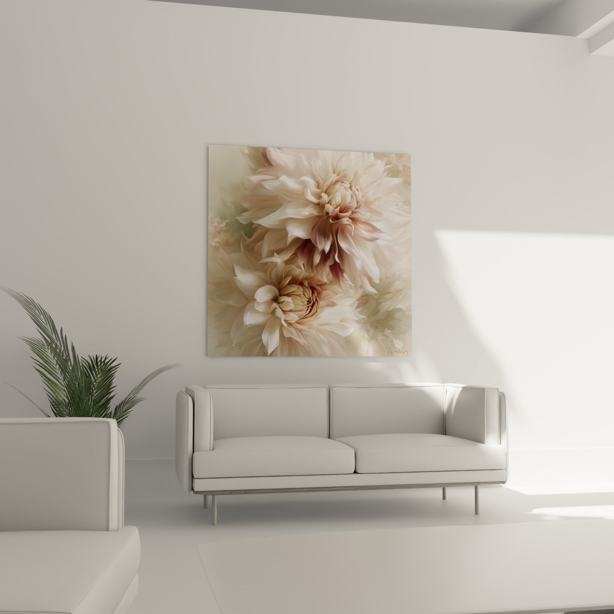 Dahlias beige et terracotta aux pétales veloutés, disposés au-dessus d'un canapé dans un salon lumineux