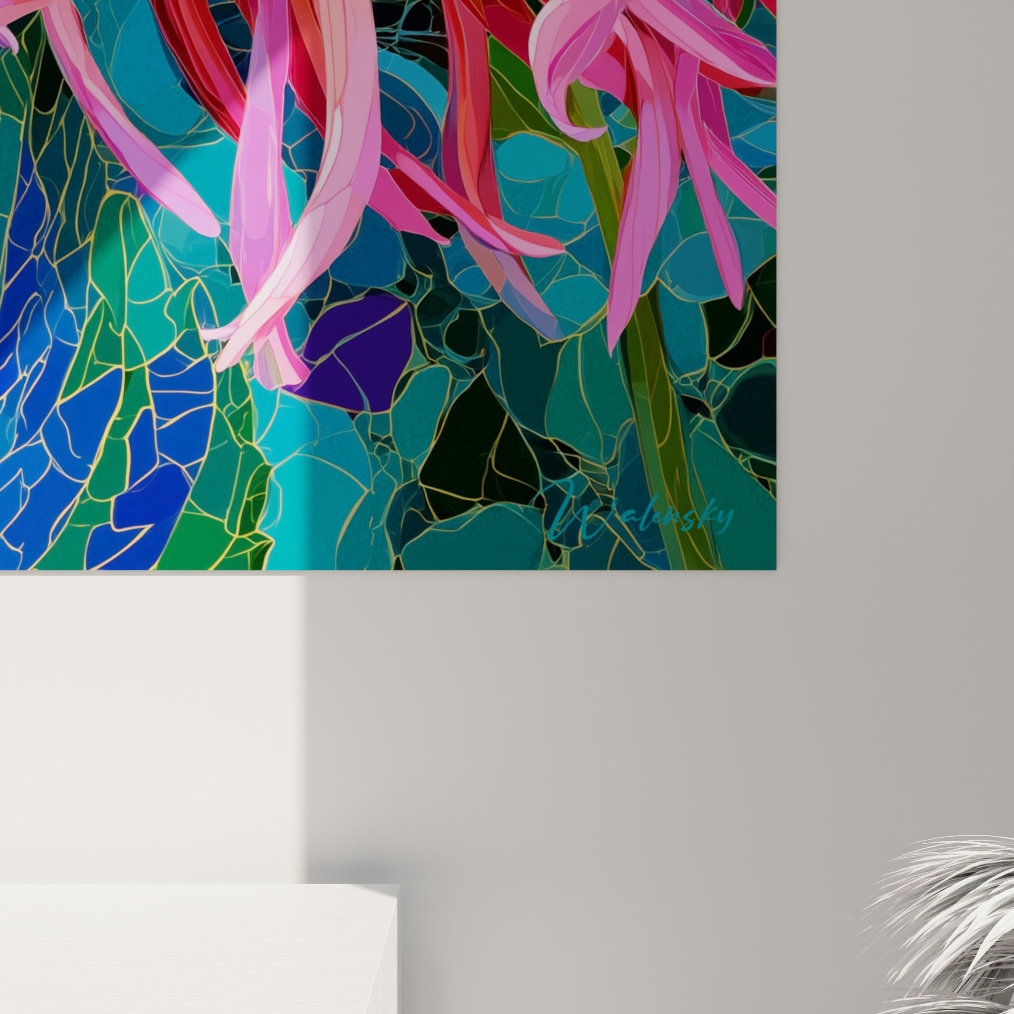 Empâtements colorés du dahlia où le rose, l'orangé et le turquoise se fondent en traits fins et lumineux