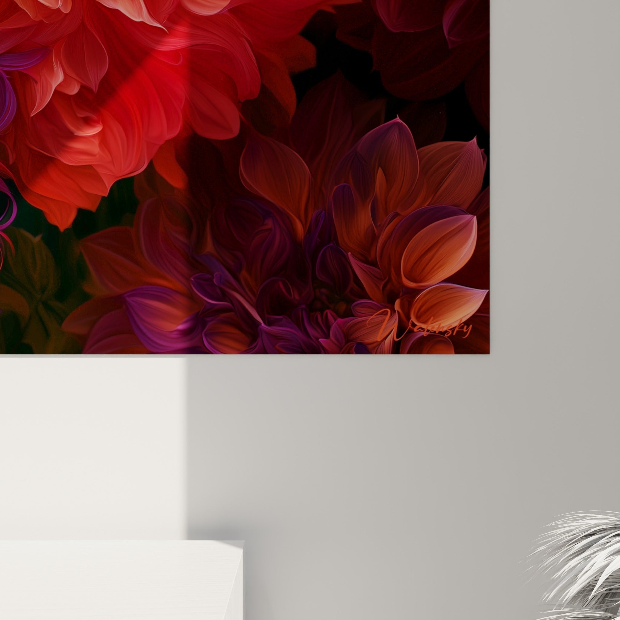 Grain velouté des pétales dahlia, coulures pourpres et fuchsia visibles de près sur l'impression