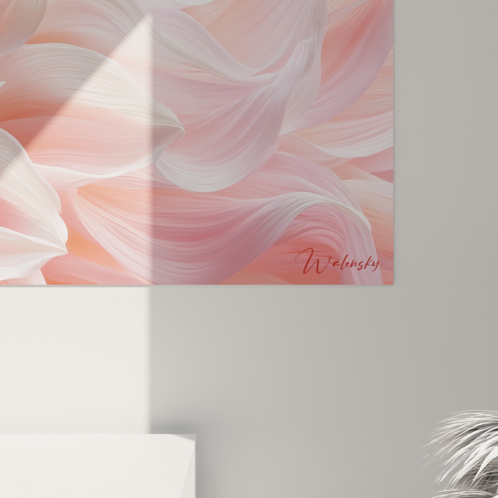 Texture soyeuse des pétales roses et blancs du dahlia visible en angle rapproché sur la toile