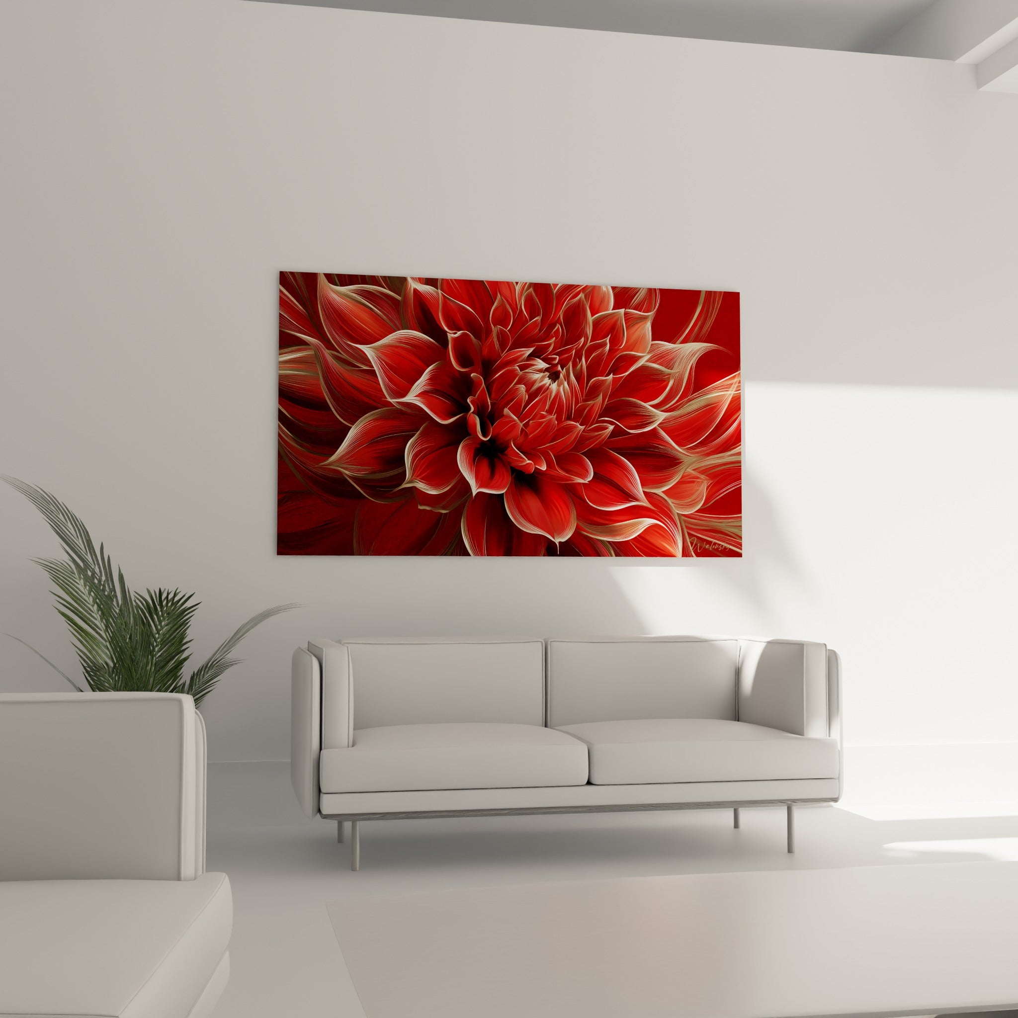 Fleur de dahlia rouge vermillon aux nervures crème, disposée au-dessus d'un canapé dans un salon lumineux