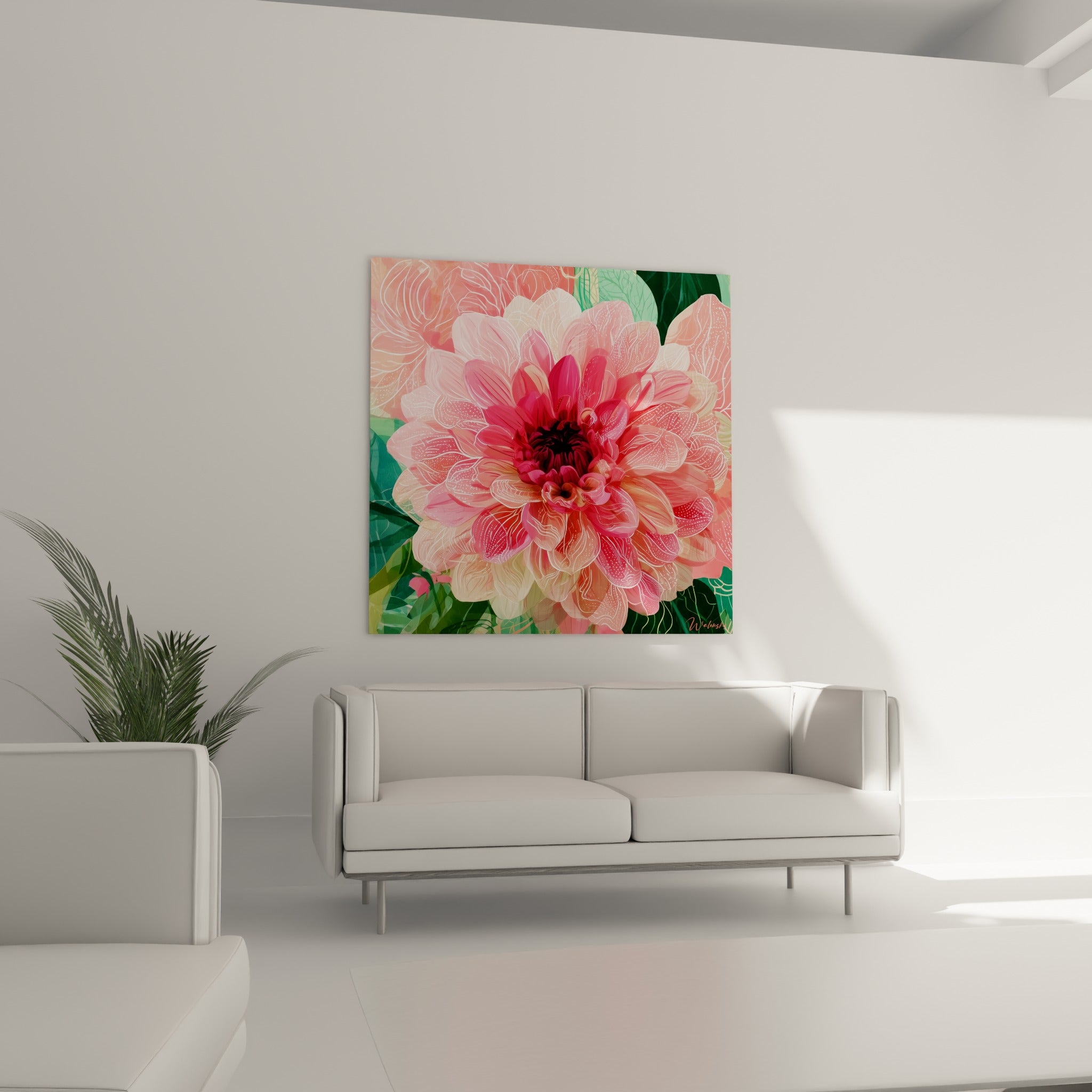 Fleur de dahlia rose et vert sauge aux nervures blanches délicates, au-dessus d'un canapé dans un salon lumineux