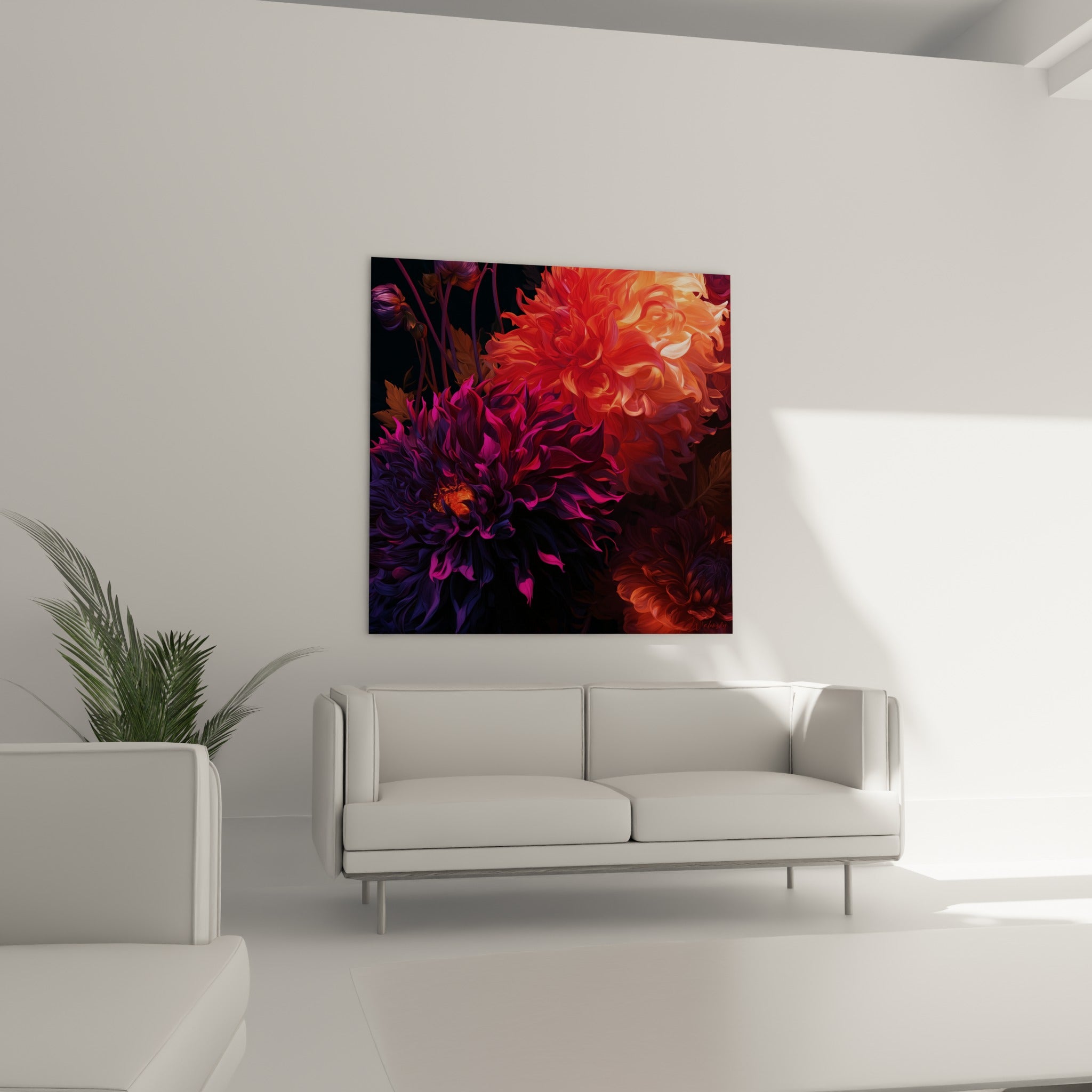 Pétales de dahlia violet foncé et orange flamboyant disposés au-dessus d'un canapé dans un salon lumineux
