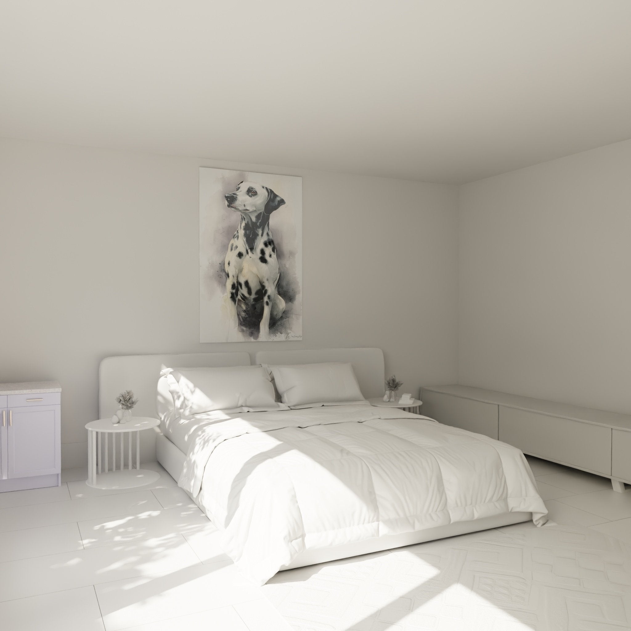 Quadro dalmata acquerello camera da letto decorazione murale elegante ritratto cane macchie bianche nere atmosfera rilassante