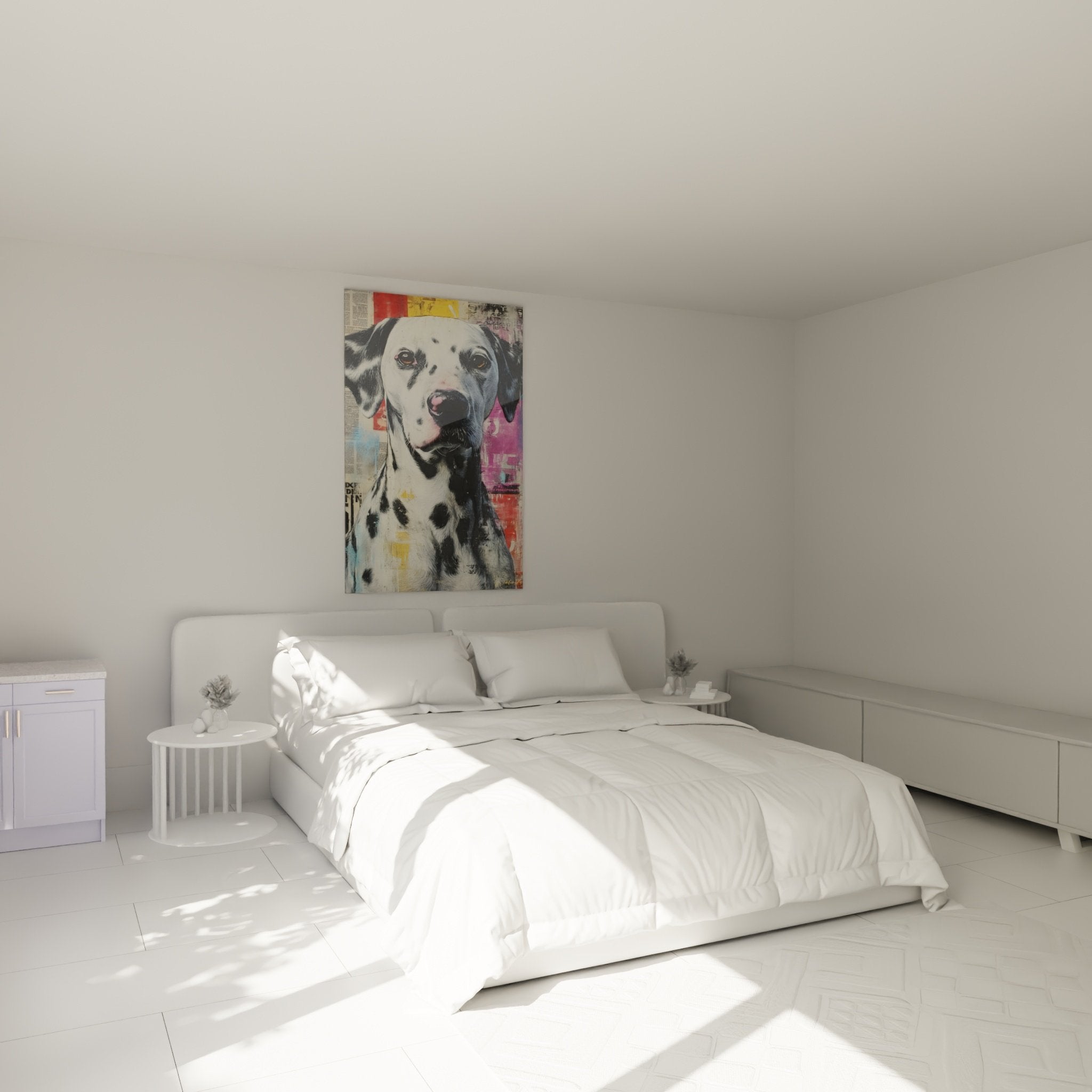 Dalmatian portrait artistic painting decorating modern bedroom white wall contemporary furniture