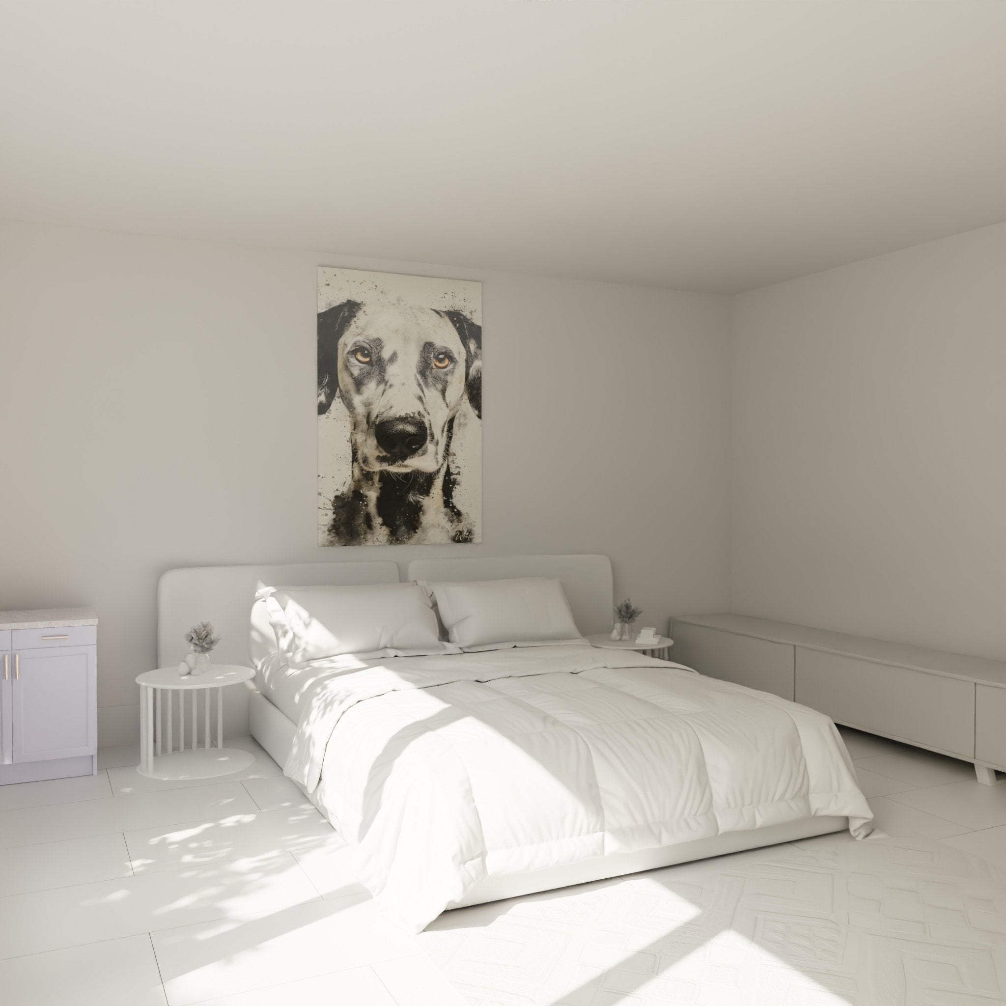 Quadro ritratto di cane Dalmata appeso sopra un letto in camera da letto moderna