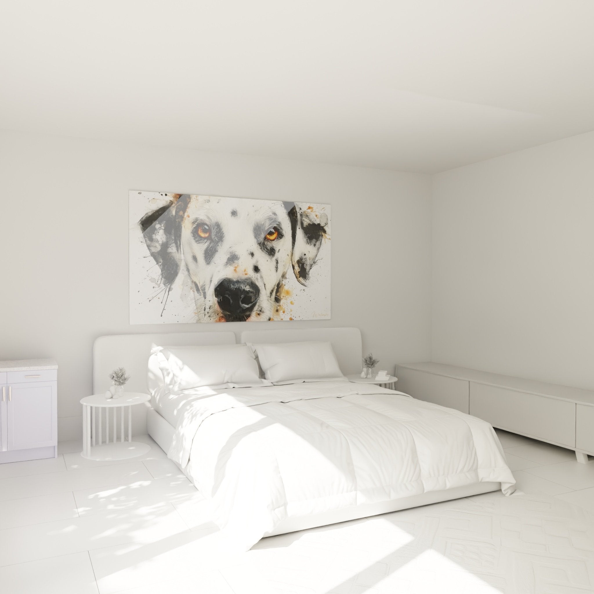 Dalmatian dog portrait painting with golden eyes decorating bedroom in soft contemporary style