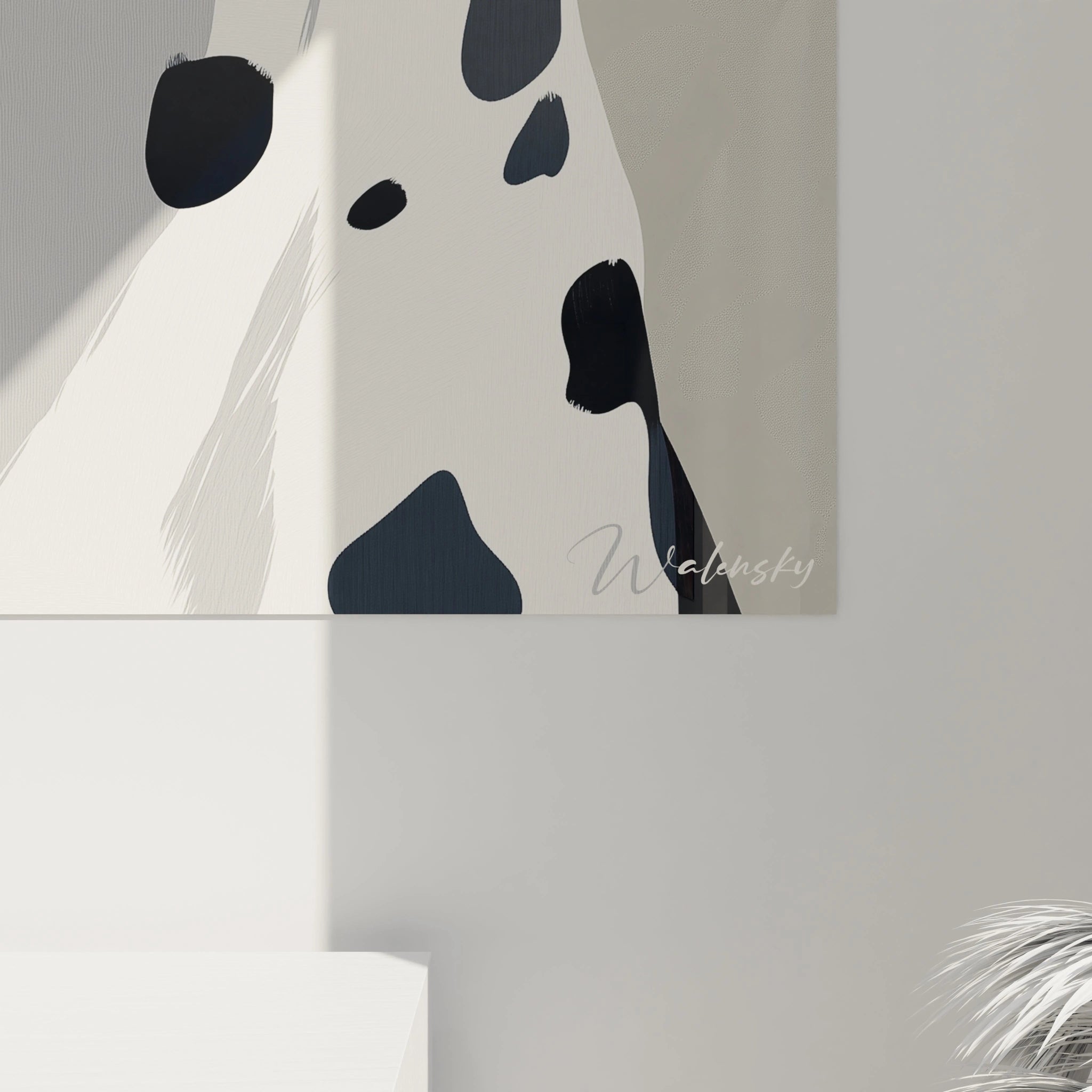 Un tableau dalmatien contemporain présentant un profil canin en noir et blanc sur fond gris neutre. Traitement épuré des formes avec une attention minutieuse aux détails caractéristiques comme les taches du museau et l'expressivité de l'œil brun.