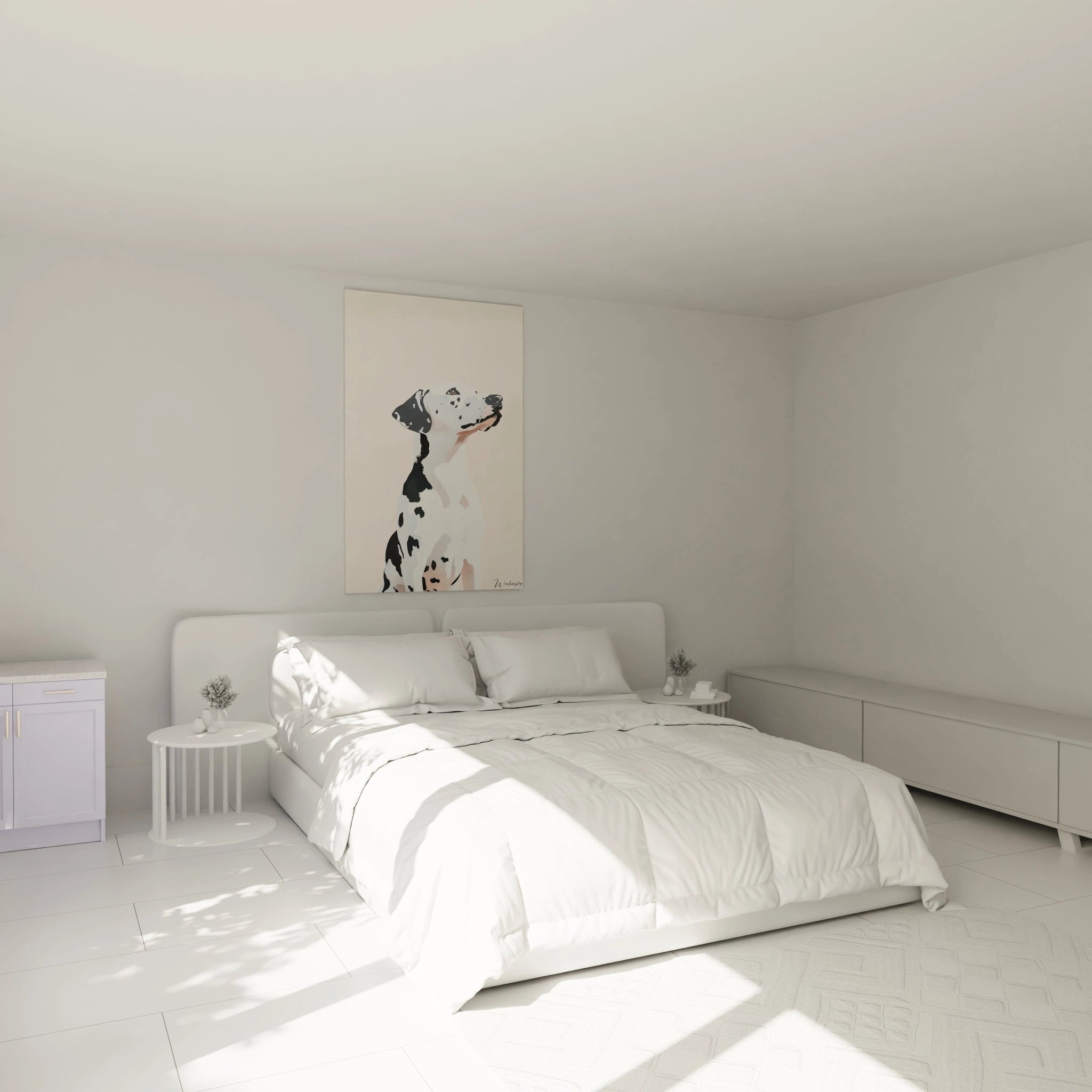 Un tableau dalmatien minimaliste montrant un chien à tête relevée. Les contrastes marqués entre le blanc dominant et les taches noires caractéristiques sont mis en valeur par une composition épurée et des touches de beige rosé sur le museau.