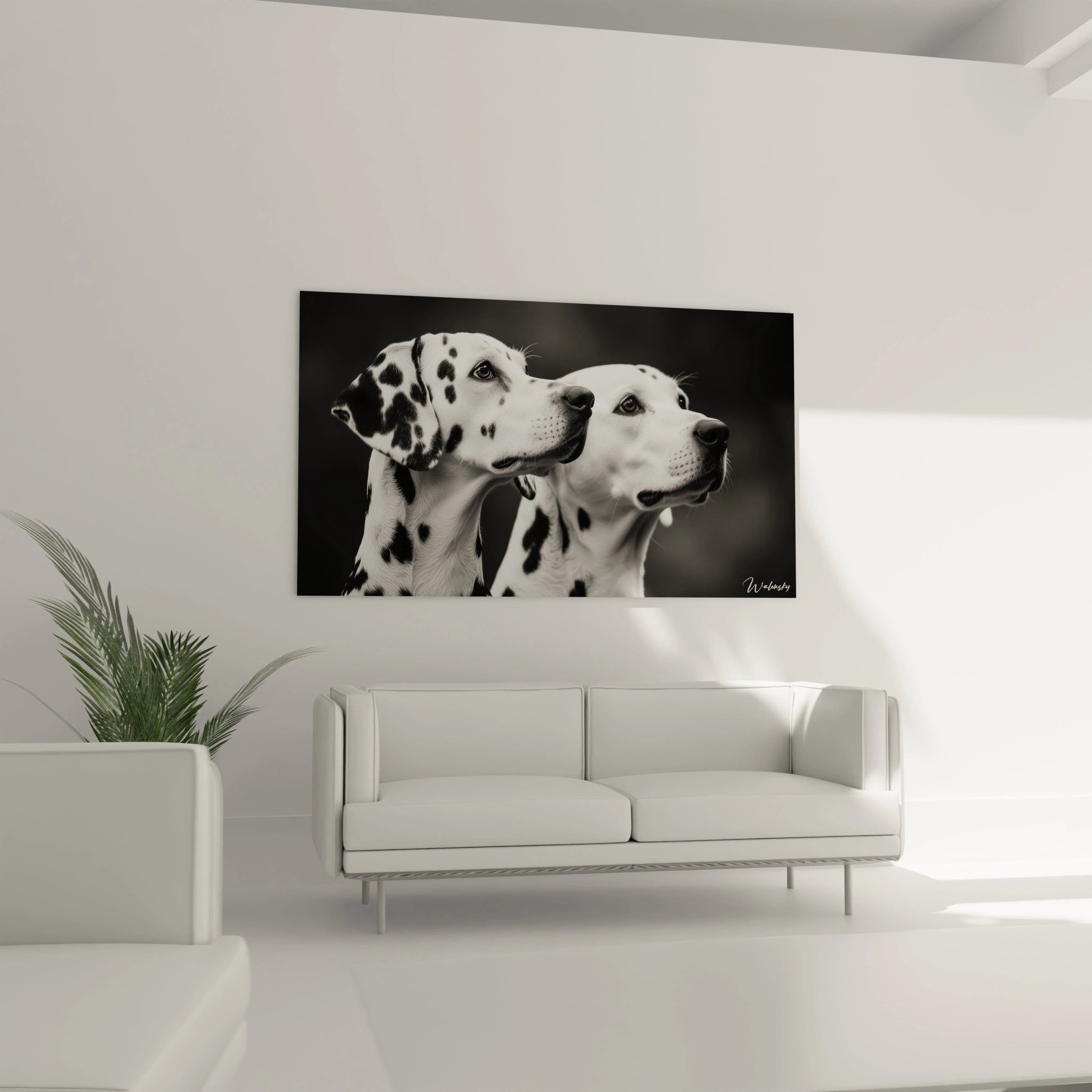 Un tableau dalmatien minimaliste présentant deux profils de chiens aux regards expressifs. Les nuances de blanc, noir et gris créent une composition harmonieuse où chaque détail du pelage tacheté est rendu avec précision.