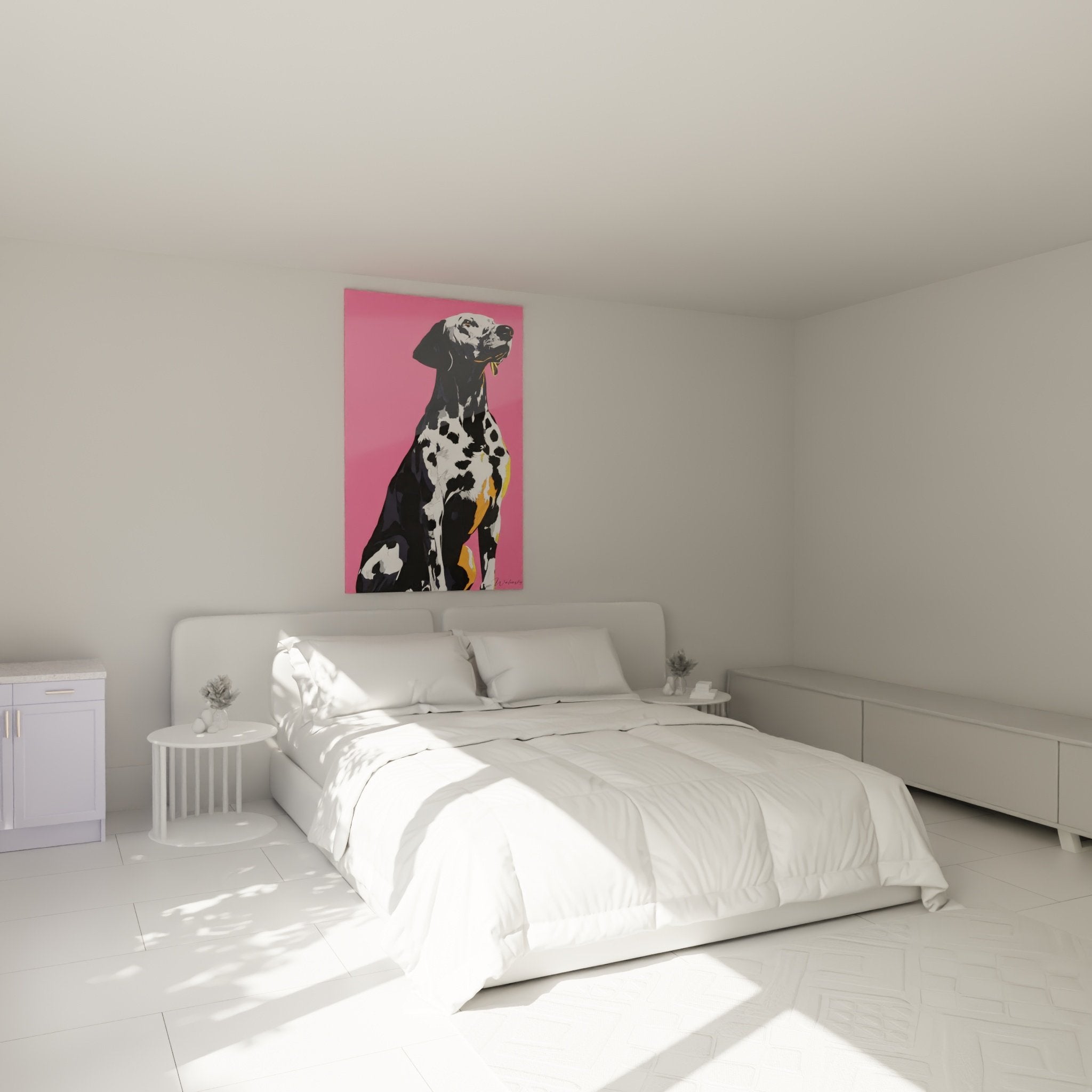 Tableau dalmatien pop art rose accroché au-dessus d'un lit dans chambre moderne