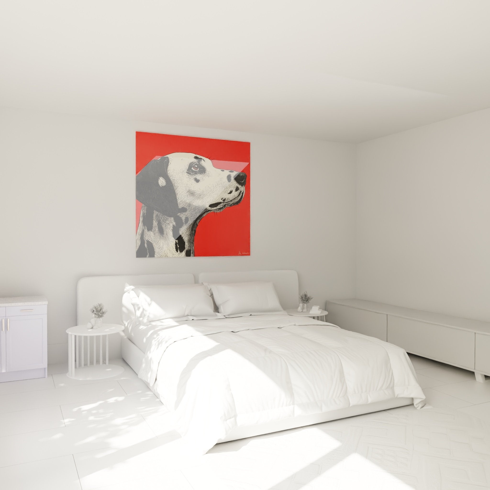 Red Dalmatian portrait painting in modern bedroom, dog wall art, contemporary and warm ambiance