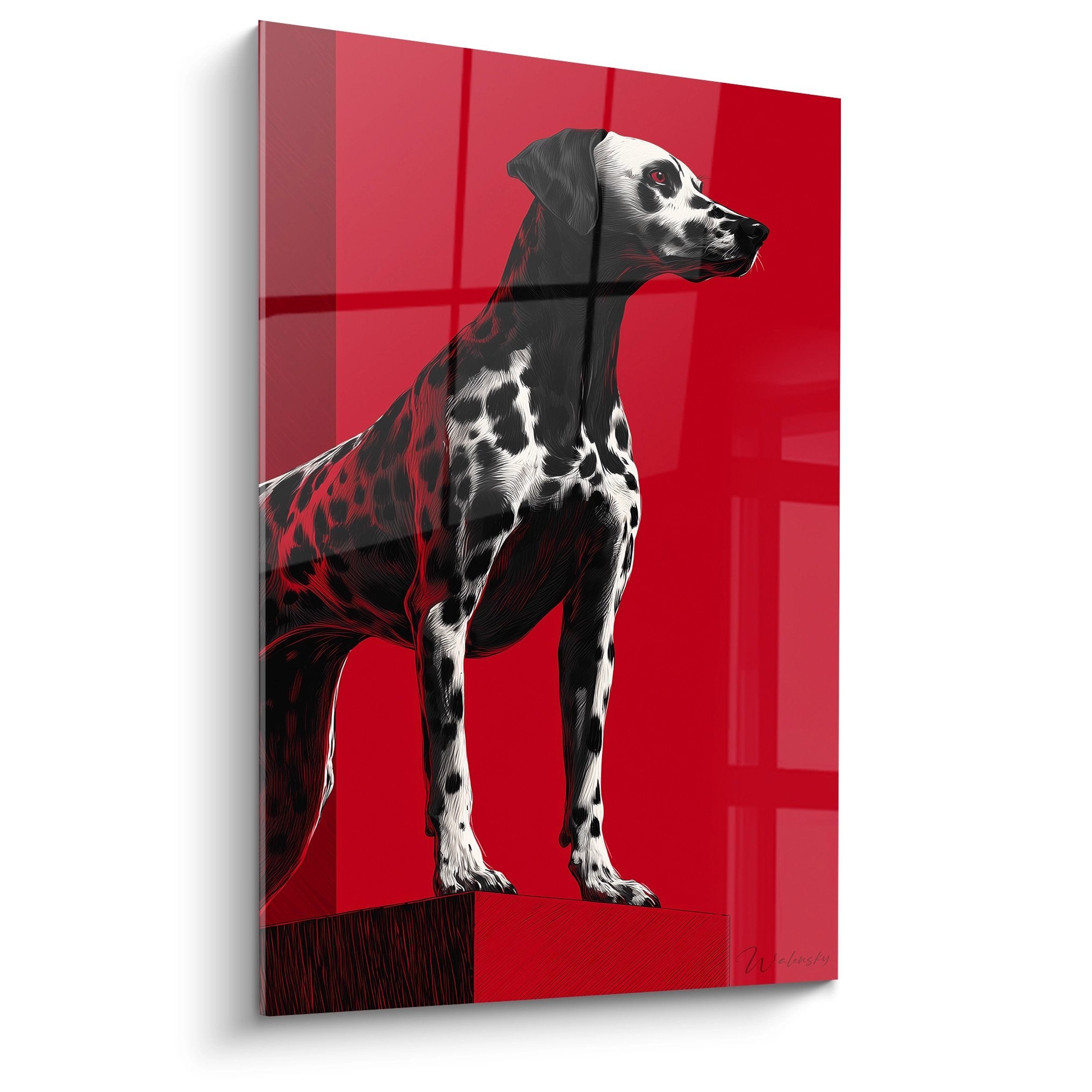 Tableau dalmatien noir et blanc sur fond rouge geometrique portrait canin contemporain