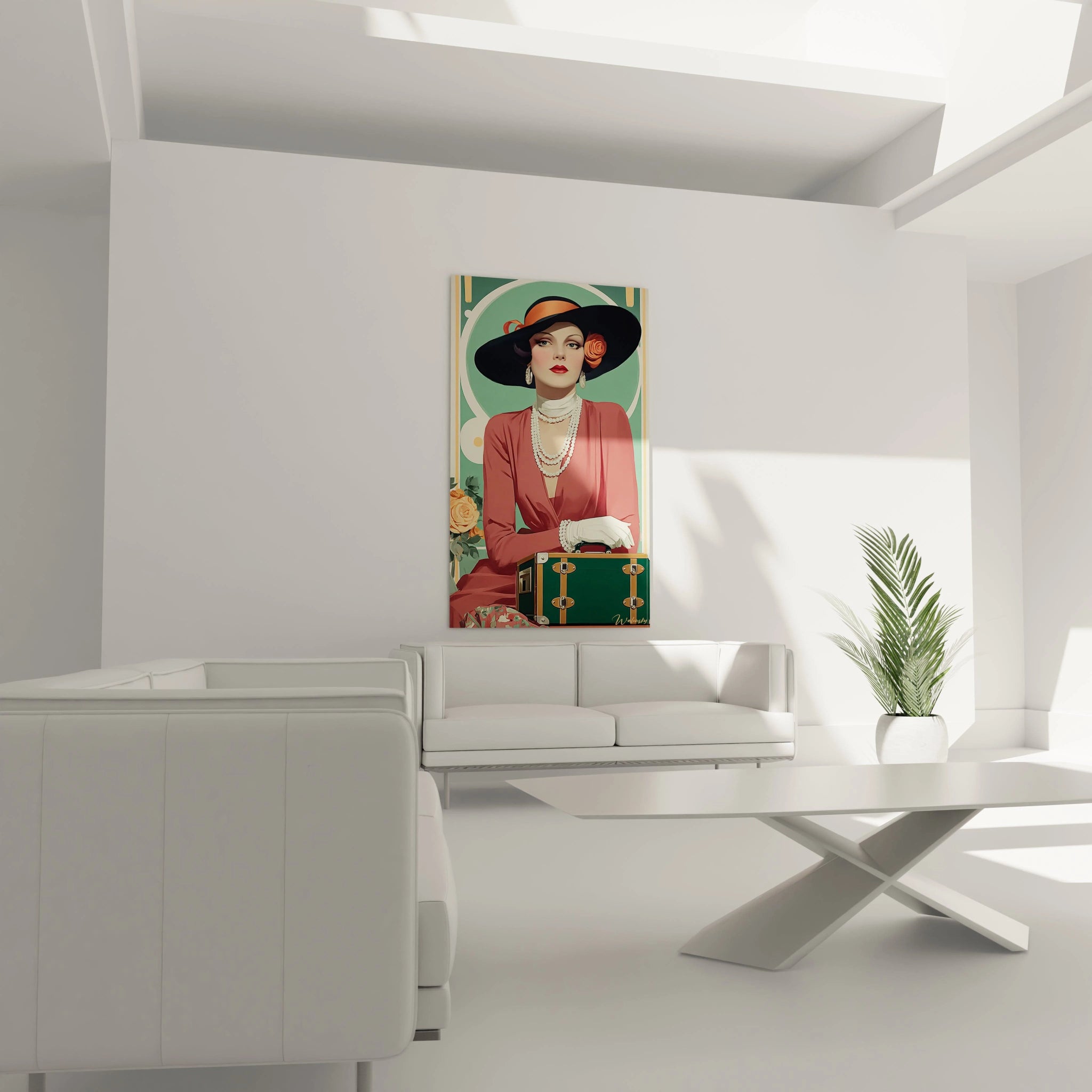 Tableau dame aristocrate de Walensky dans un intérieur moderne avec mobilier minimaliste
