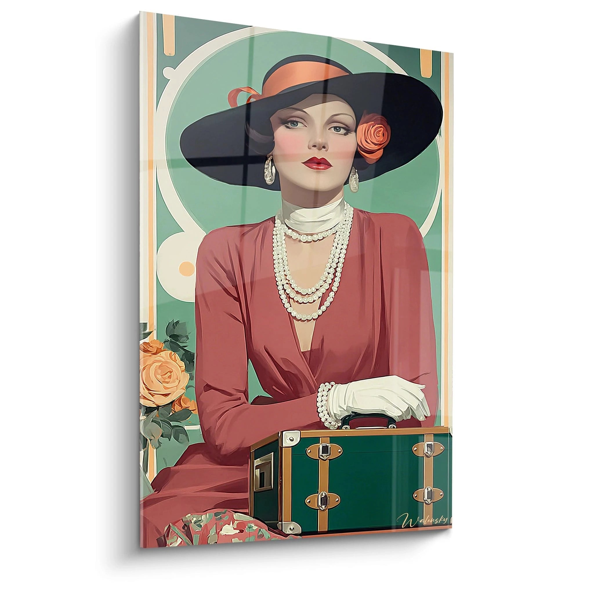 Tableau dame aristocrate de Walensky avec une femme élégante en chapeau et valise vintage