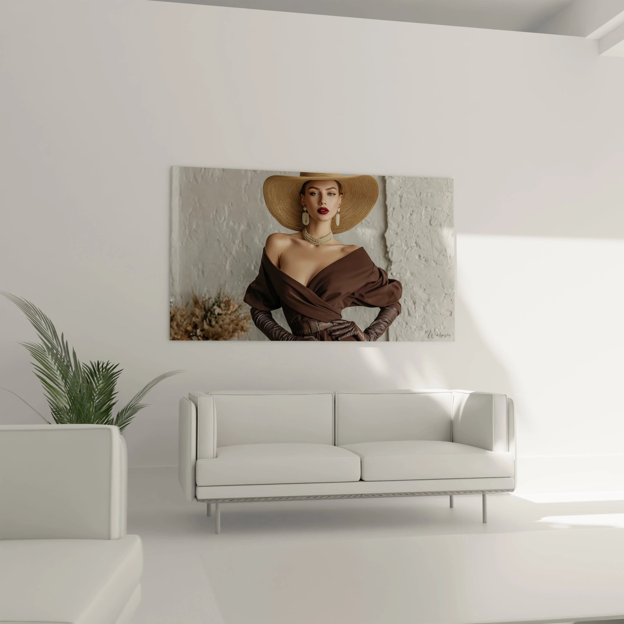 Tableau dame au chapeau de Walensky, une élégante femme avec un chapeau large sur un fond neutre