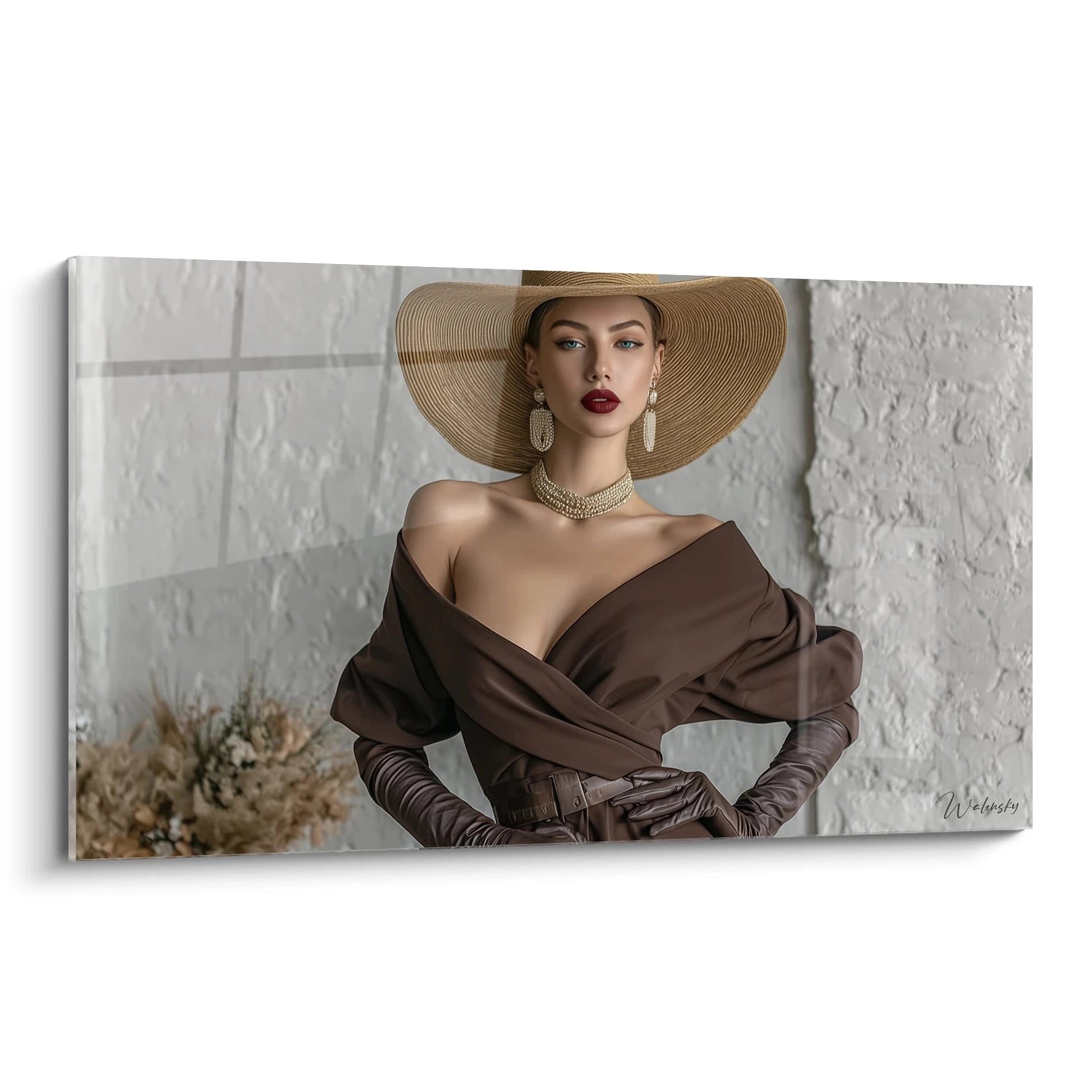 Tableau dame au chapeau représentant une femme élégante avec un chapeau large et des gants en cuir