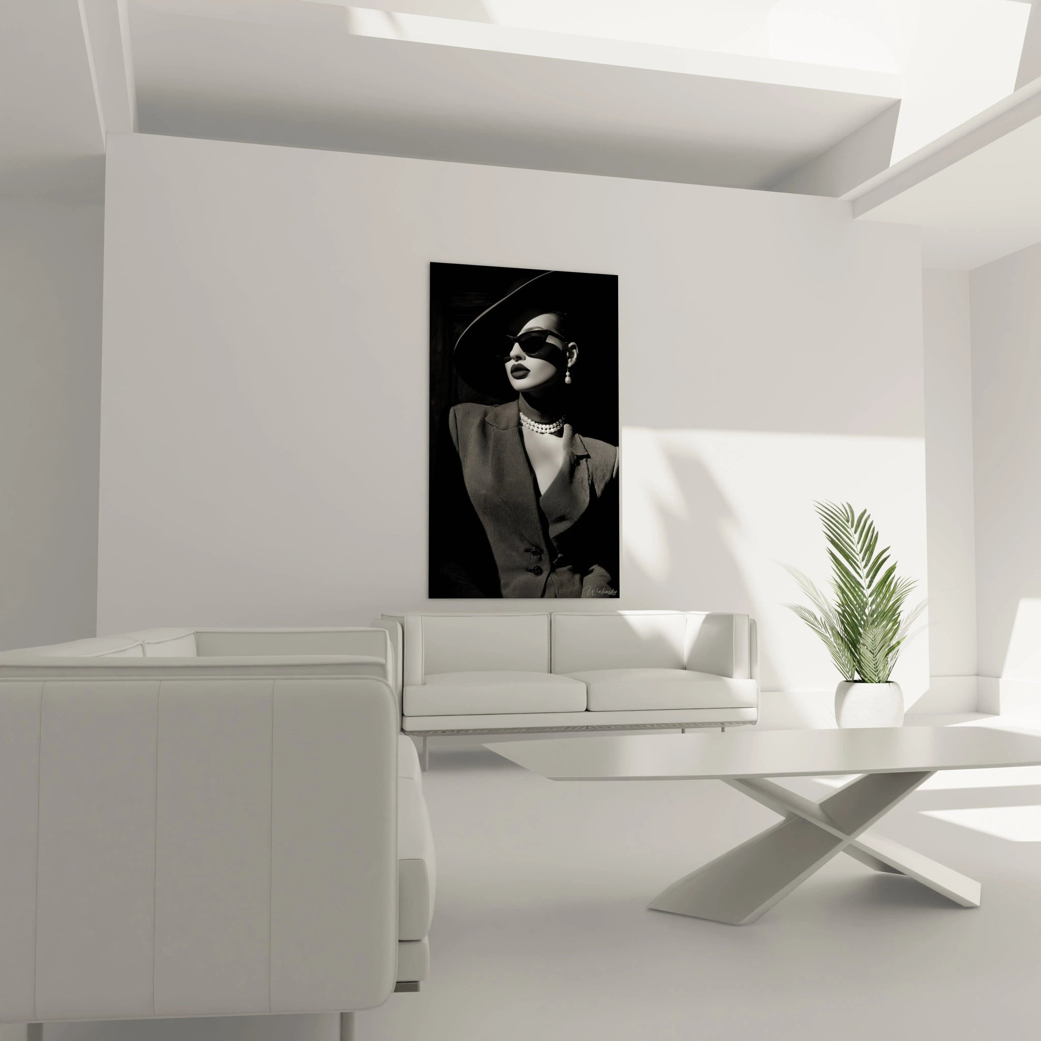 Tableau dame aux lunettes en noir et blanc, parfait pour la décoration moderne du salon