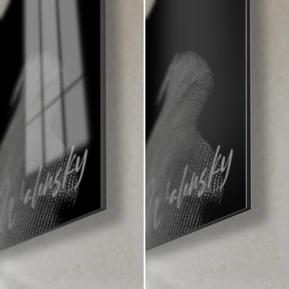 Cuadro mujer con sombrero negro, esquina inferior derecha: cristal acrílico gris brillante que refleja la ventana, Dibond mate, canto de 3 mm