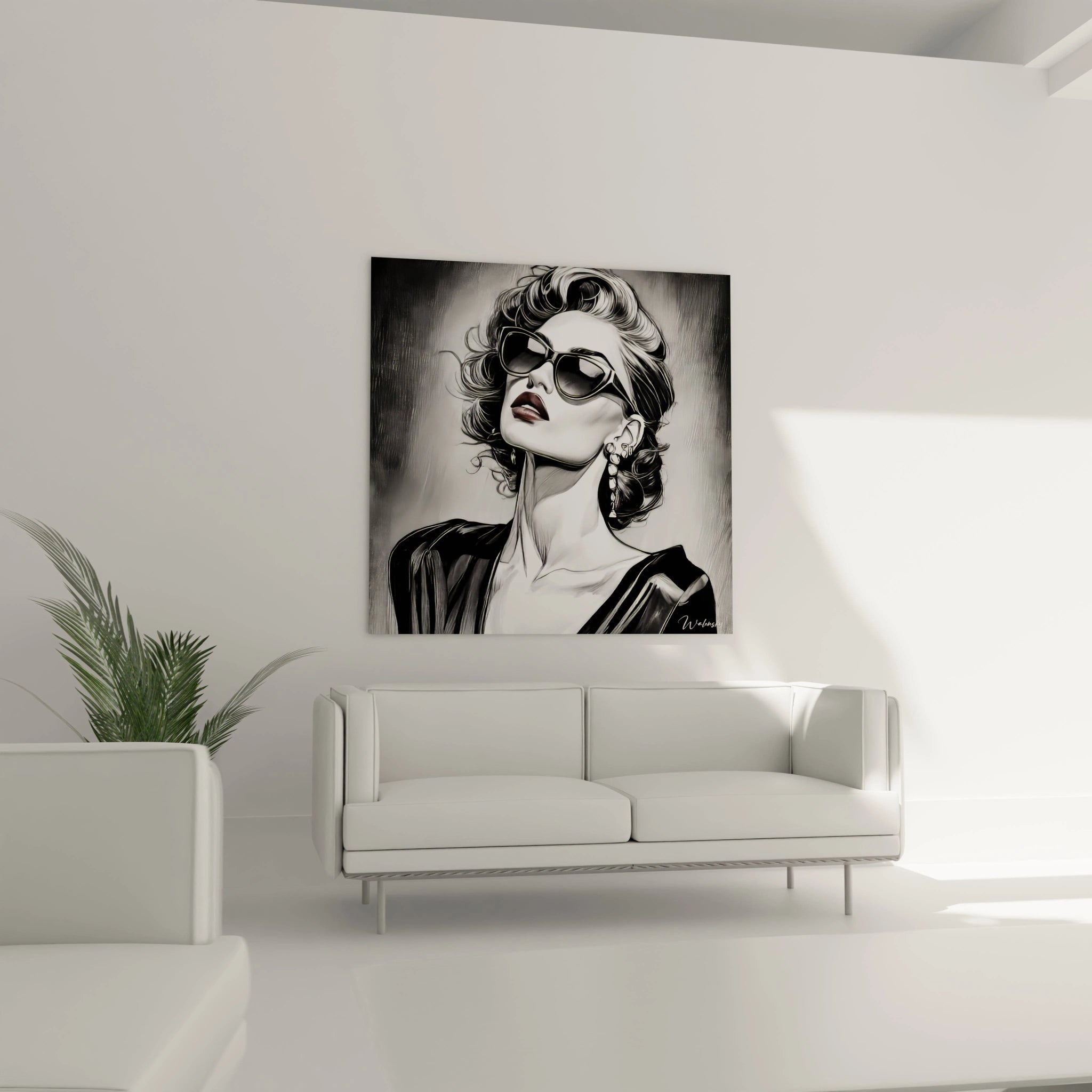 Tableau femme lunettes illustration en noir et blanc, ajoutant une touche artistique moderne à votre décor