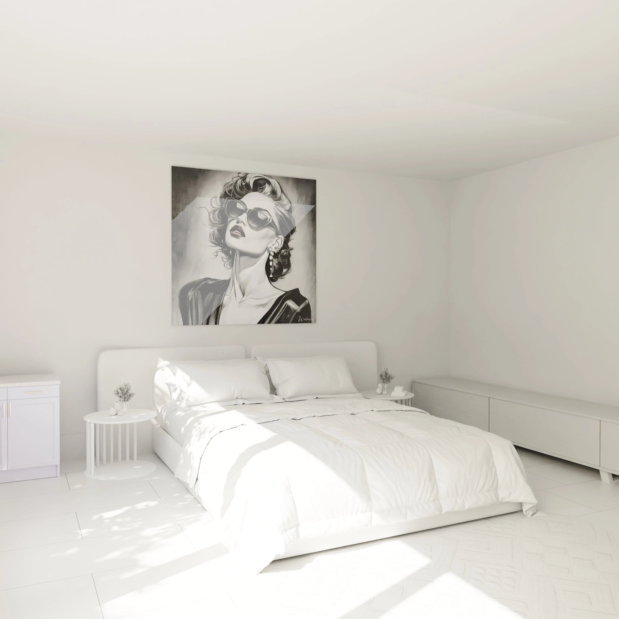 Tableau femme lunettes illustration en noir et blanc dans une chambre moderne et lumineuse