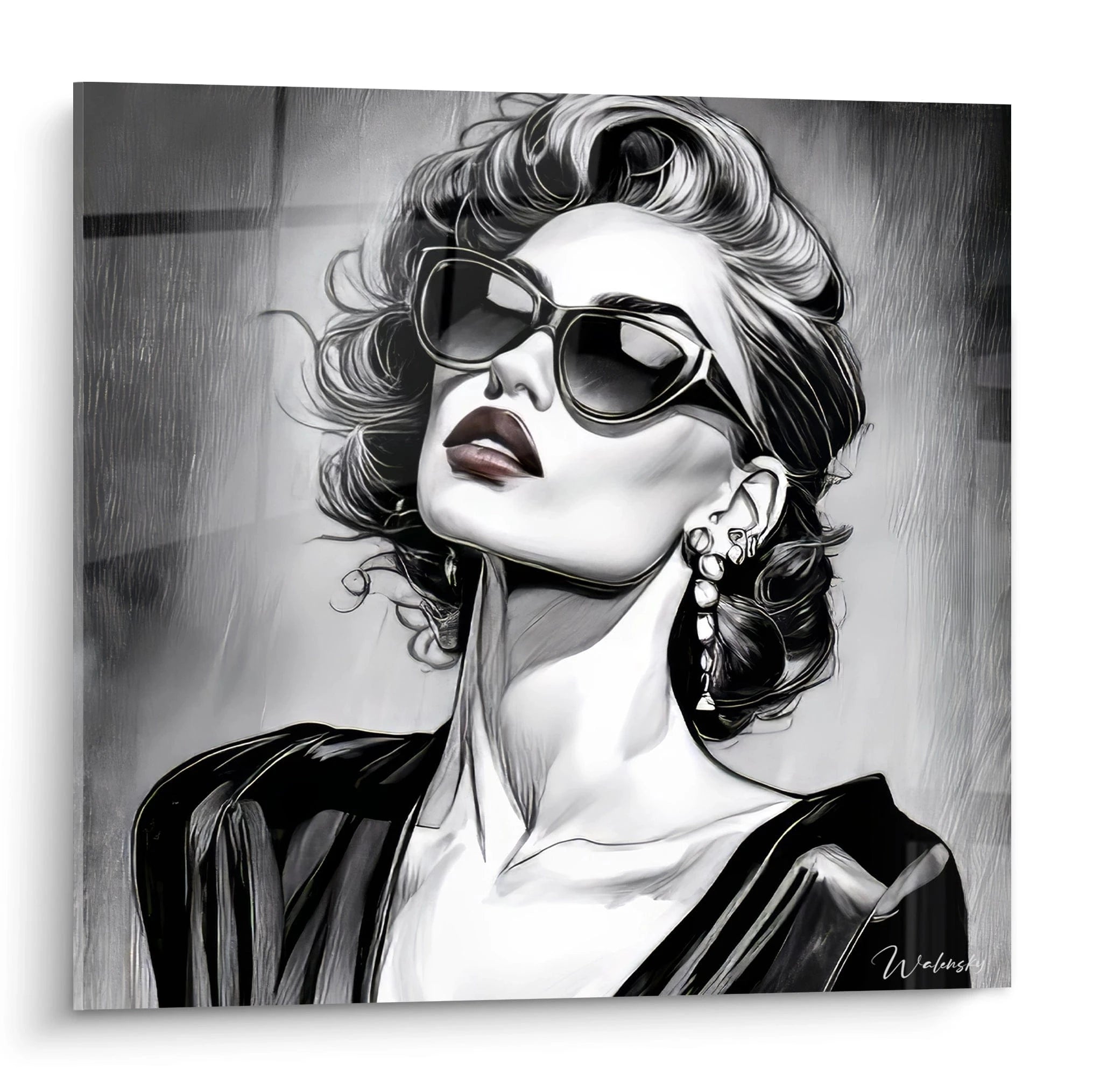 Tableau femme lunettes illustration de style moderne avec des détails élégants en noir et blanc