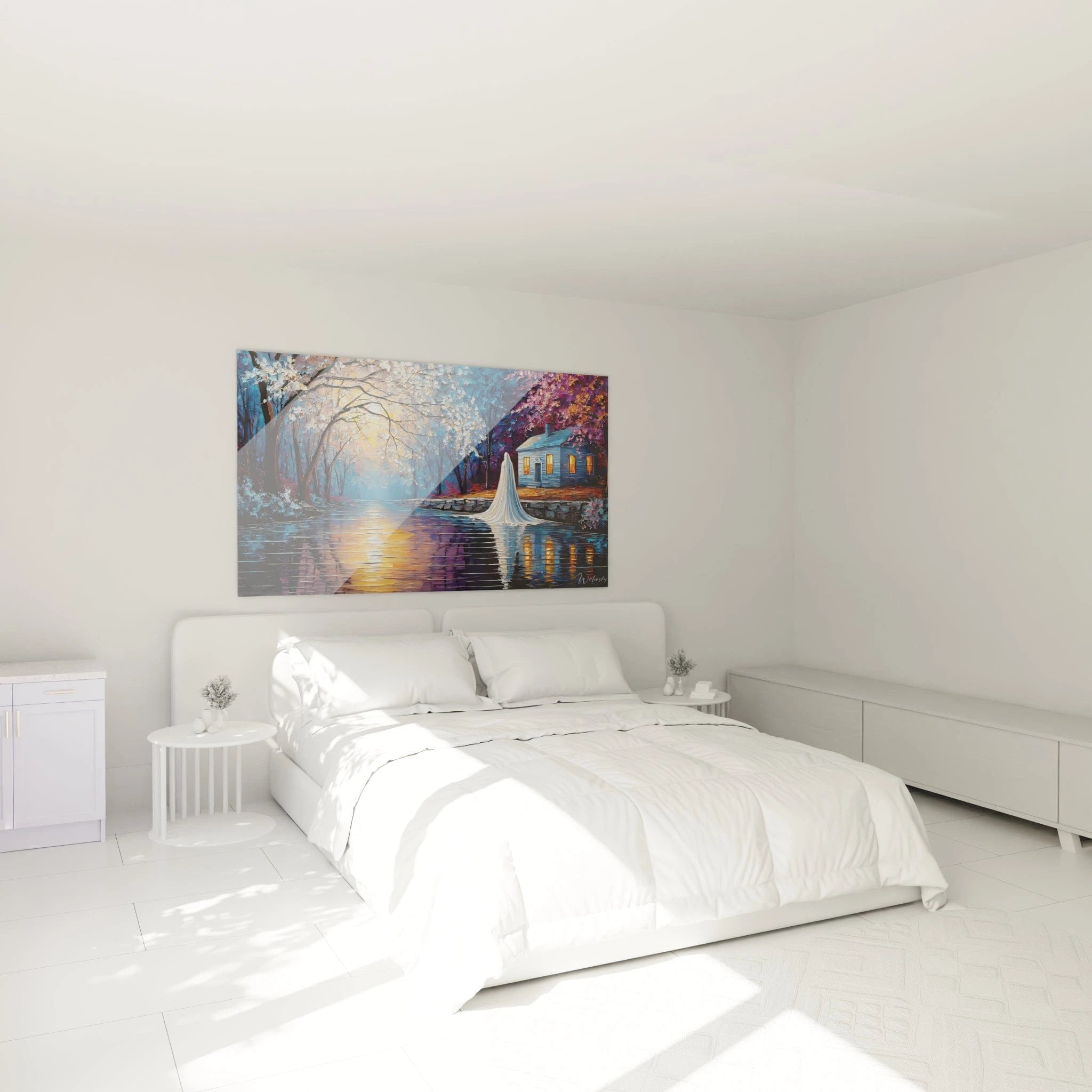 Ambiance chambre avec tableau dame blanche mystique créant une atmosphère apaisante et mystérieuse