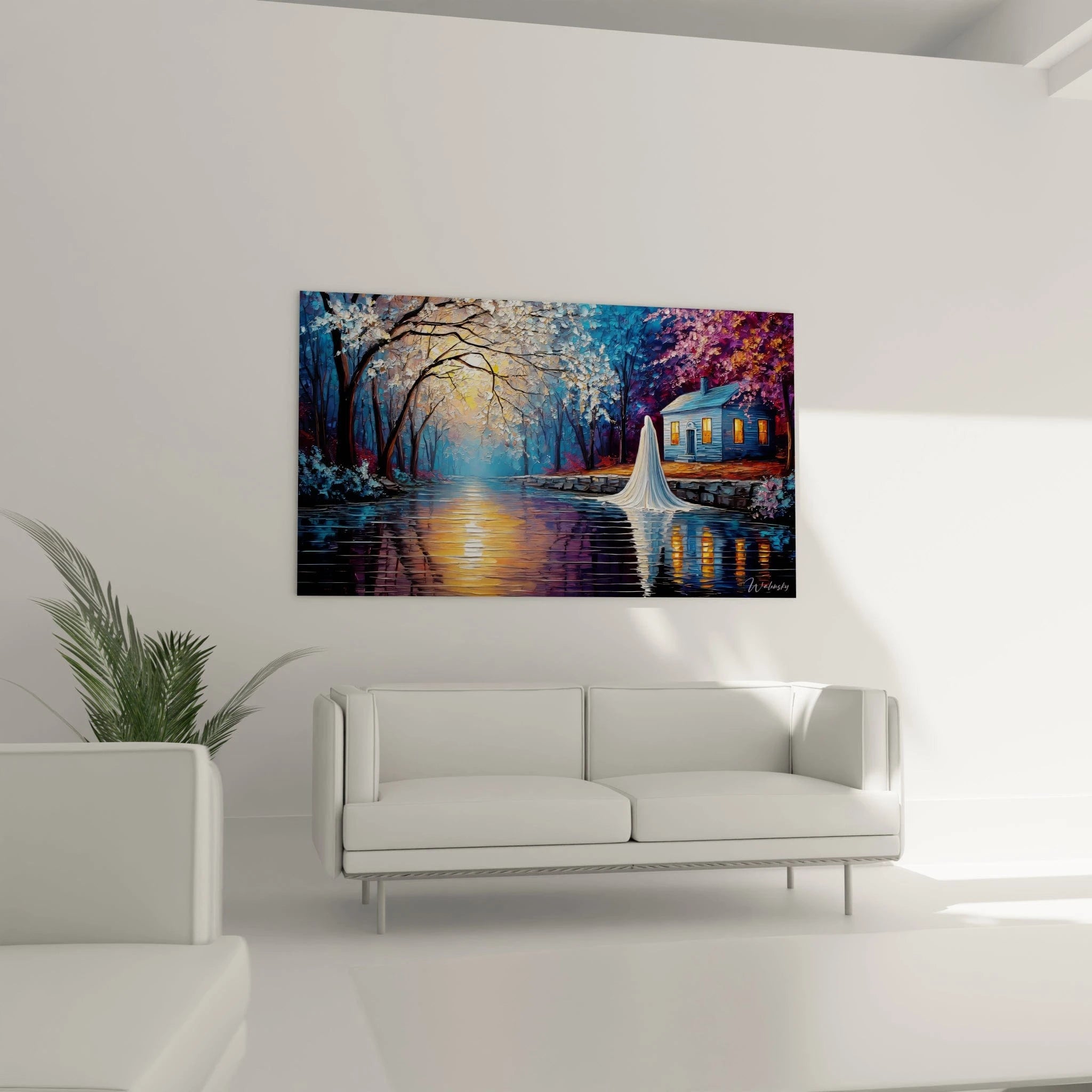 Détail rapproché dame blanche voilée au bord du lac avec jeux de lumière automnaux