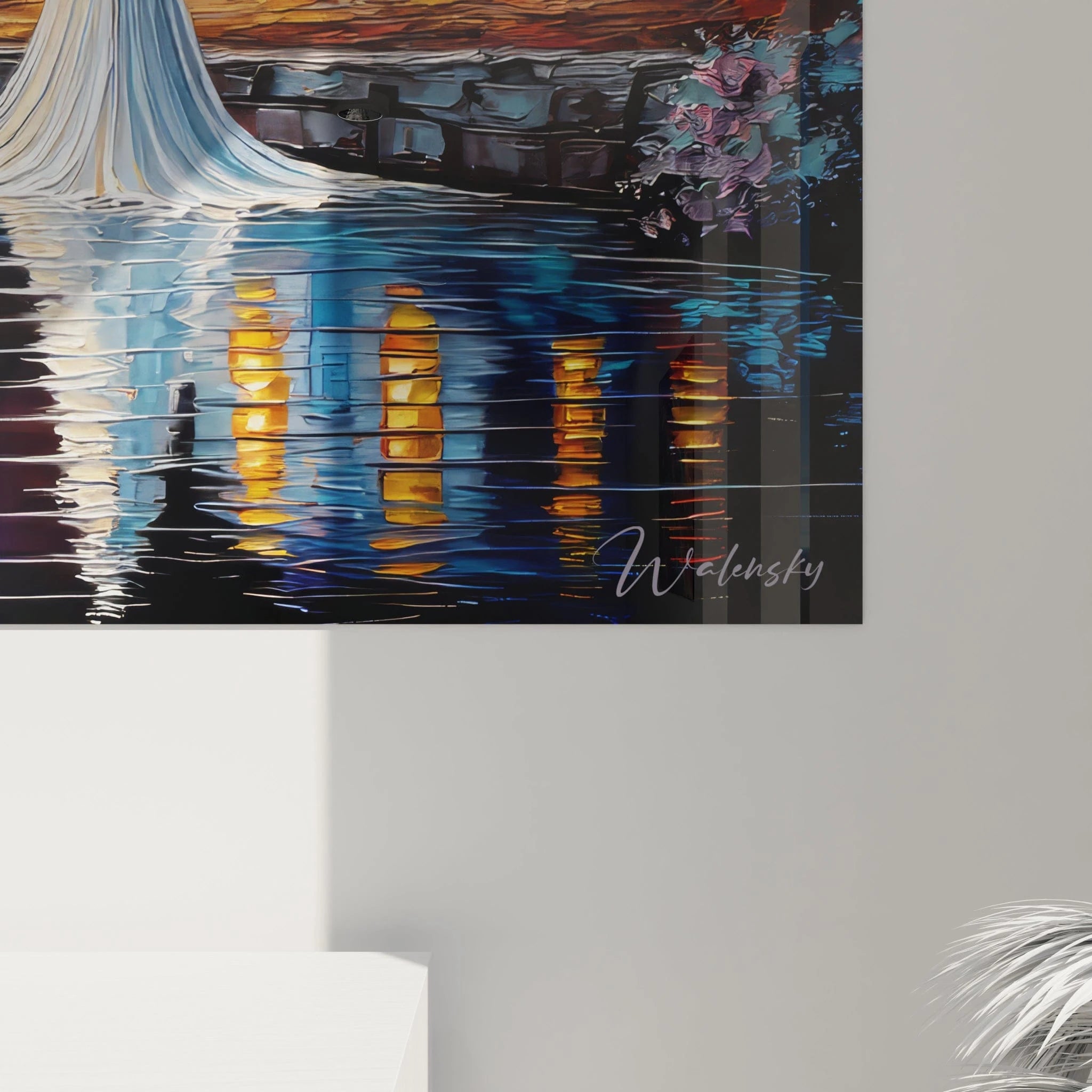 Vue d'ensemble tableau mural dame blanche dans décor automnal aux couleurs chatoyantes