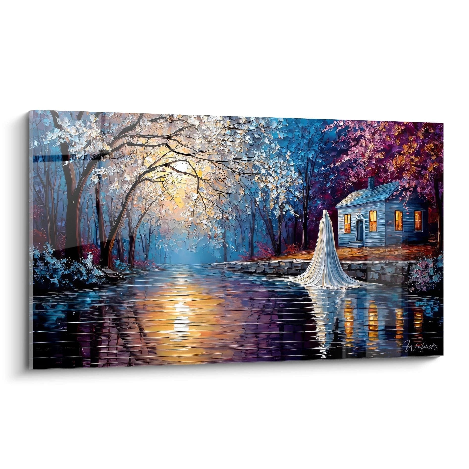 Tableau mural dame blanche au bord d'un lac d'automne avec reflets dorés et maison illuminée