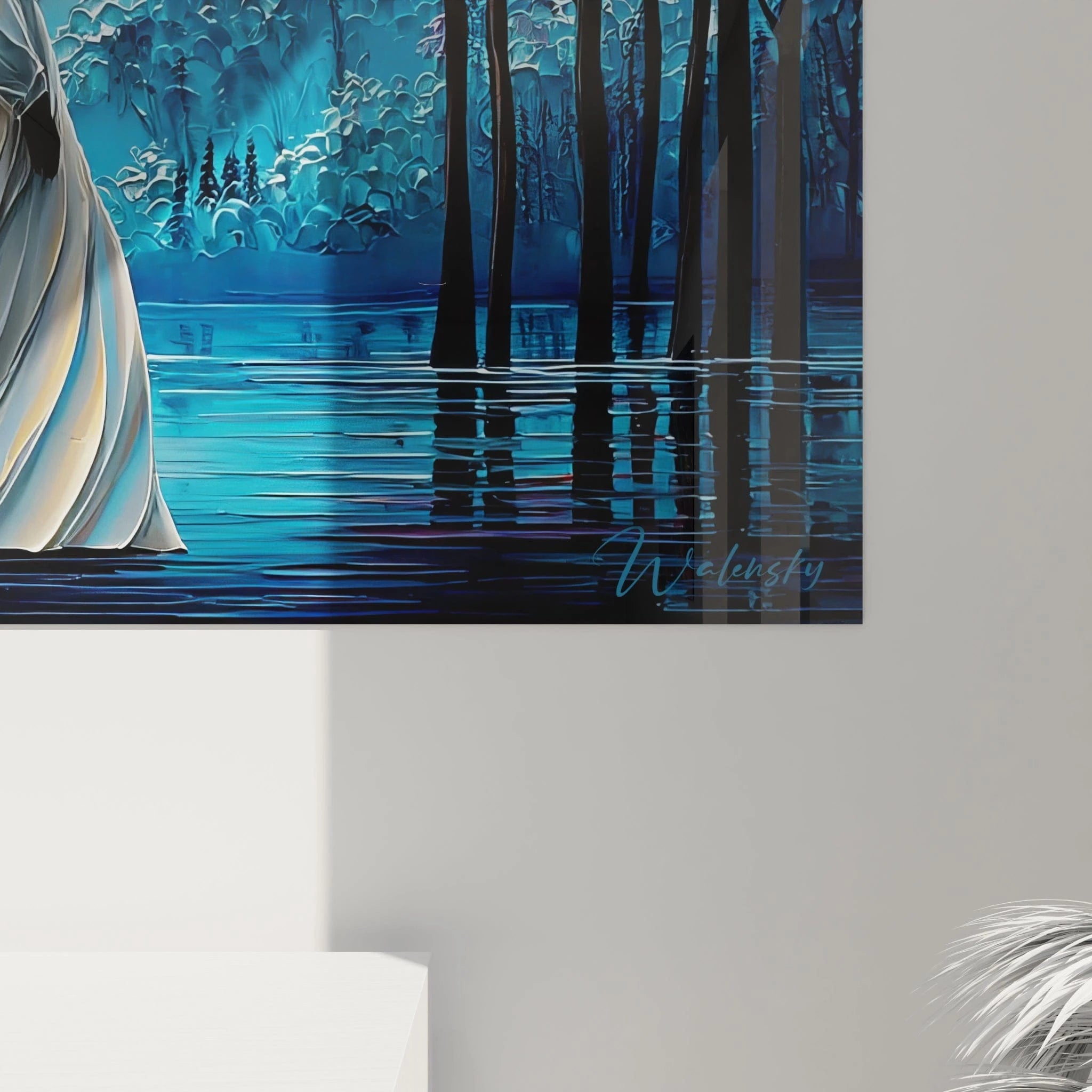 Vue d'ensemble tableau mural dame blanche mystique - dimensions et rendu général de l'œuvre décorative fantastique