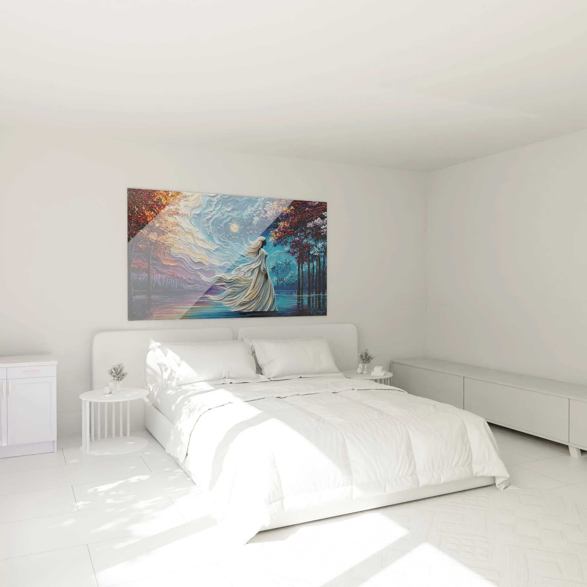 Décoration chambre avec tableau dame blanche mystique - ambiance artistique et apaisante pour intérieur moderne