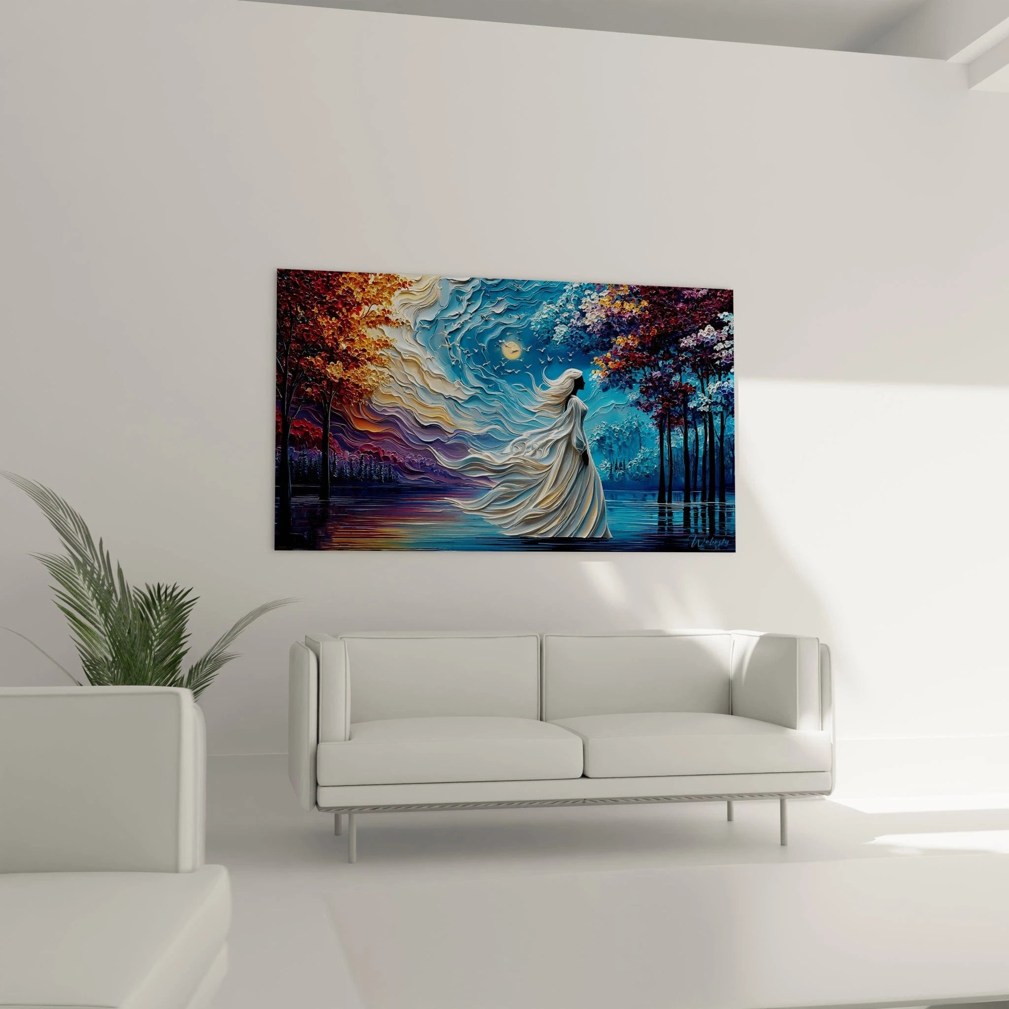 Détail gros plan tableau dame blanche - texture et couleurs de l'œuvre d'art fantastique murale contemporaine