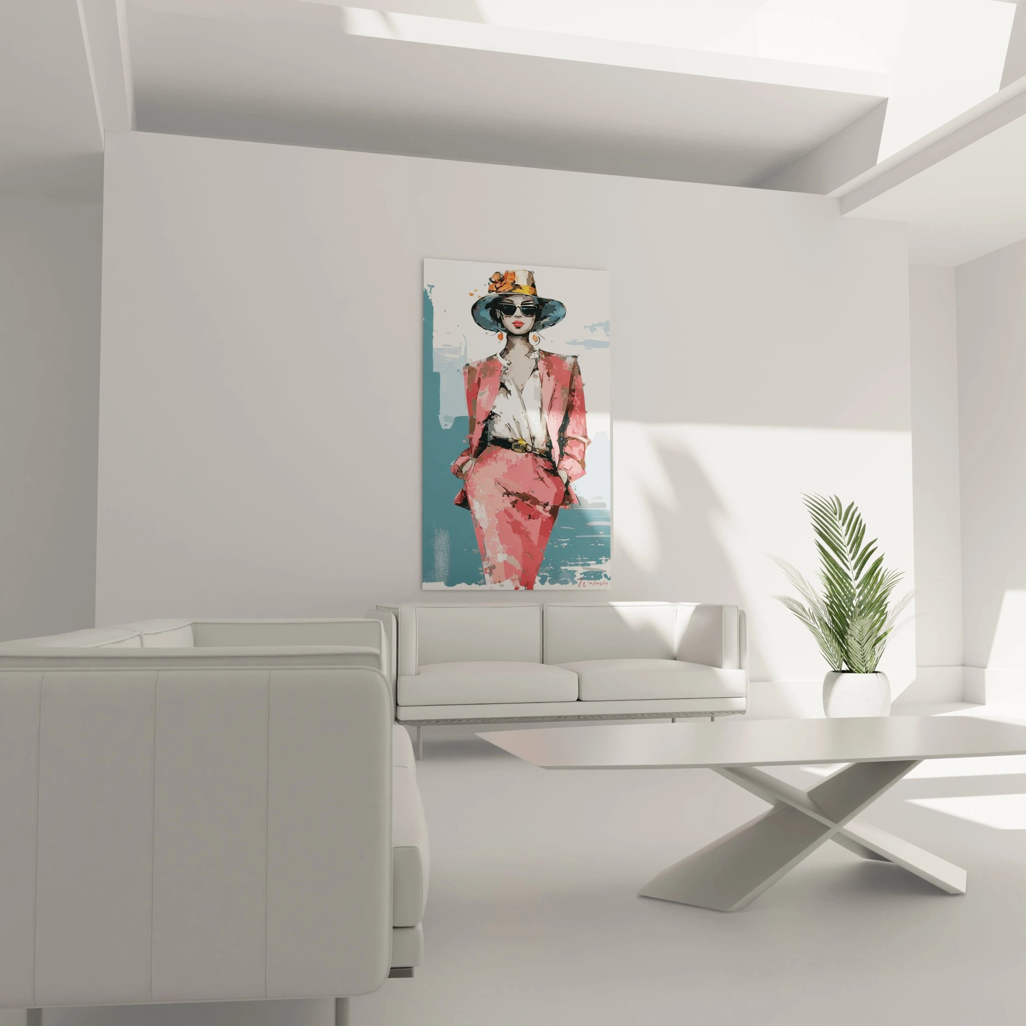 Tableau illustration mode femme de Walensky représentant une femme élégante en vêtu rose sur fond stylisé