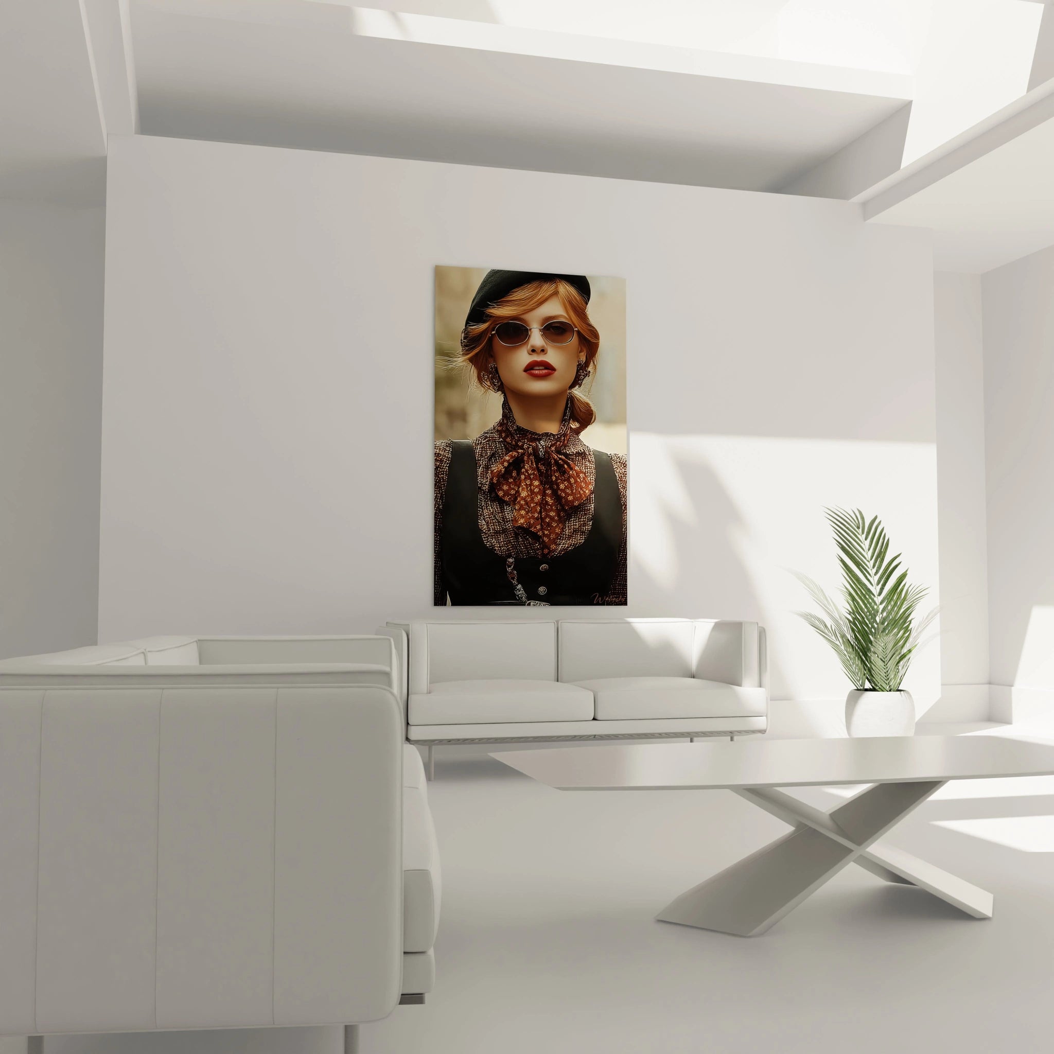 Tableau dame de Paris vintage accroché au mur dans un salon moderne avec un mobilier élégant