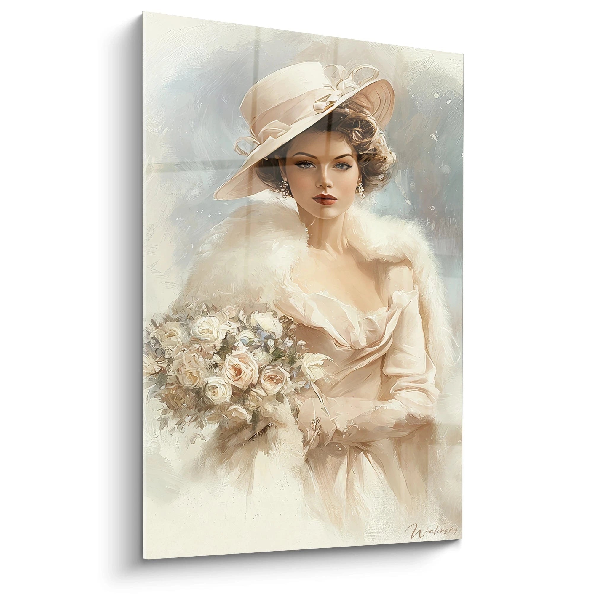 Tableau femme élégante dans une robe blanche tenant un bouquet de roses avec un chapeau chic