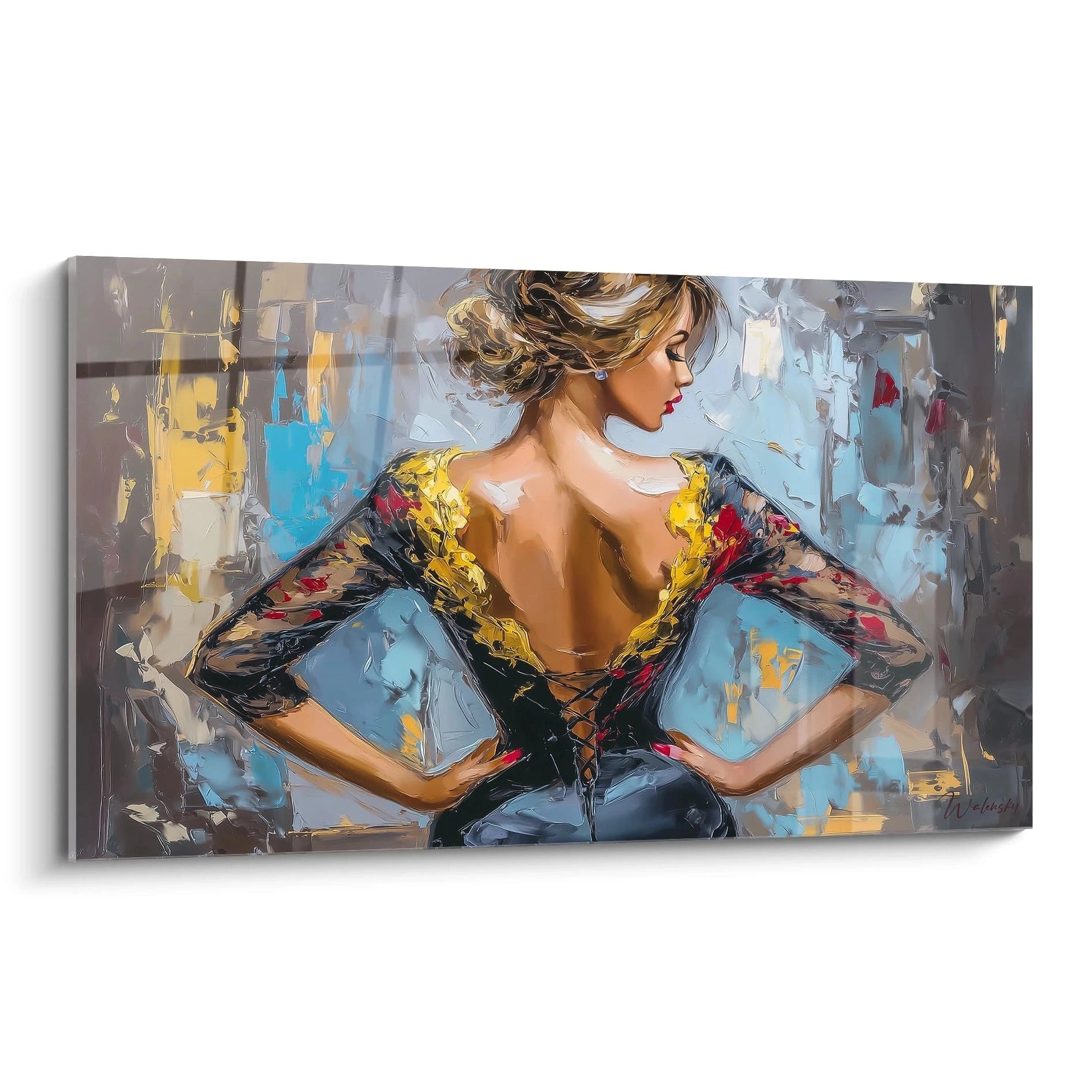 Tableau femme élégante en couleurs vives montrant une silhouette de dos avec une robe artistique