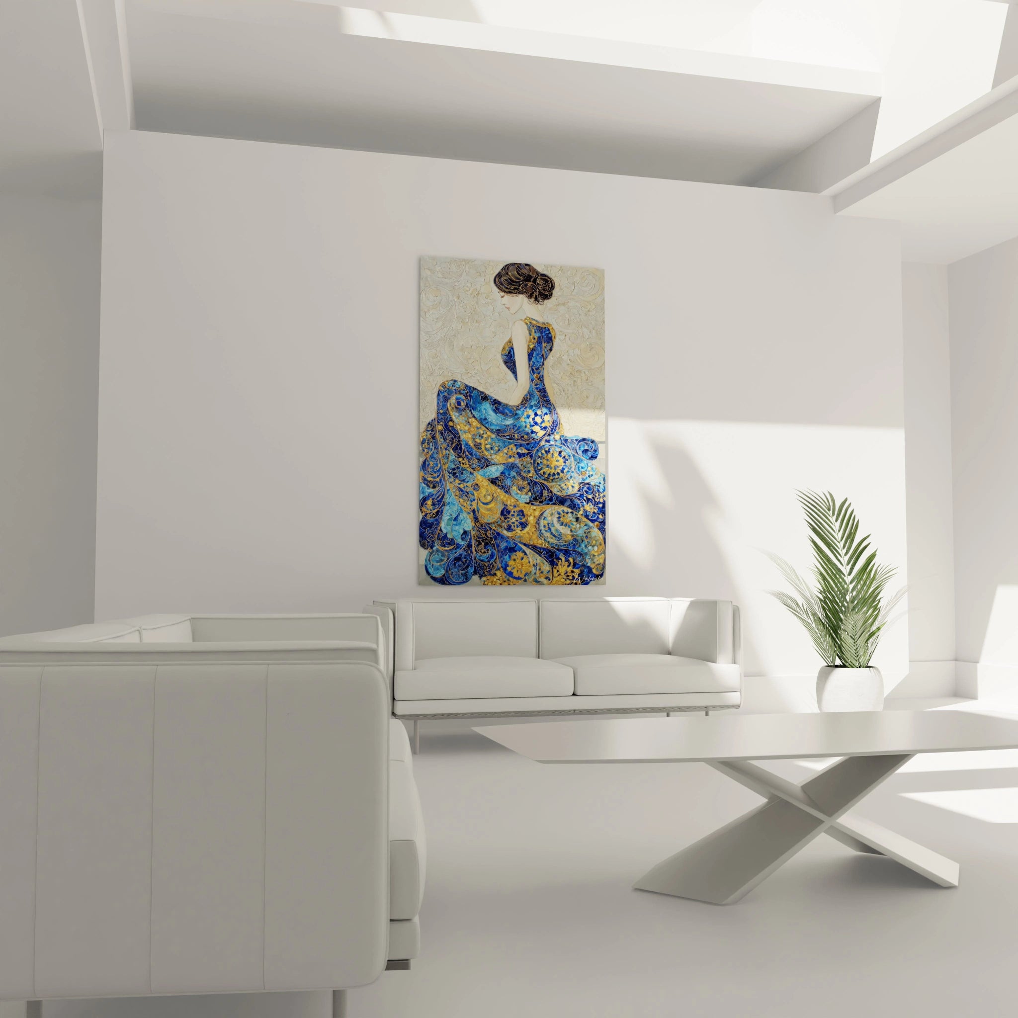 Tableau femme élégante robe bleue accroché au mur dans un salon moderne et lumineux