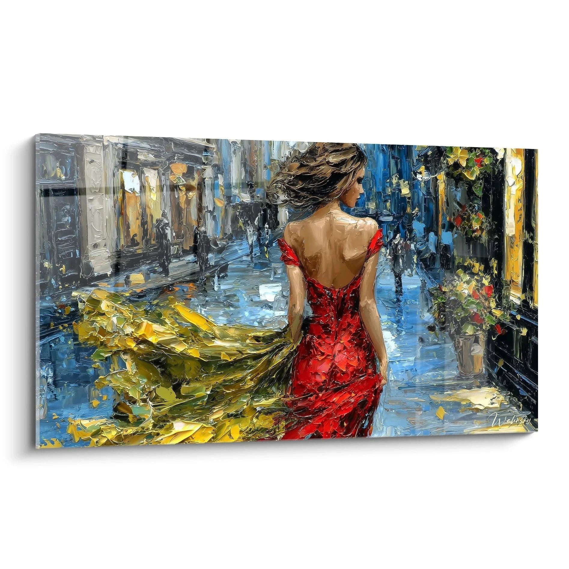 Tableau dame en rouge se promenant dans une rue animée avec une robe rouge et un paysage vibrant