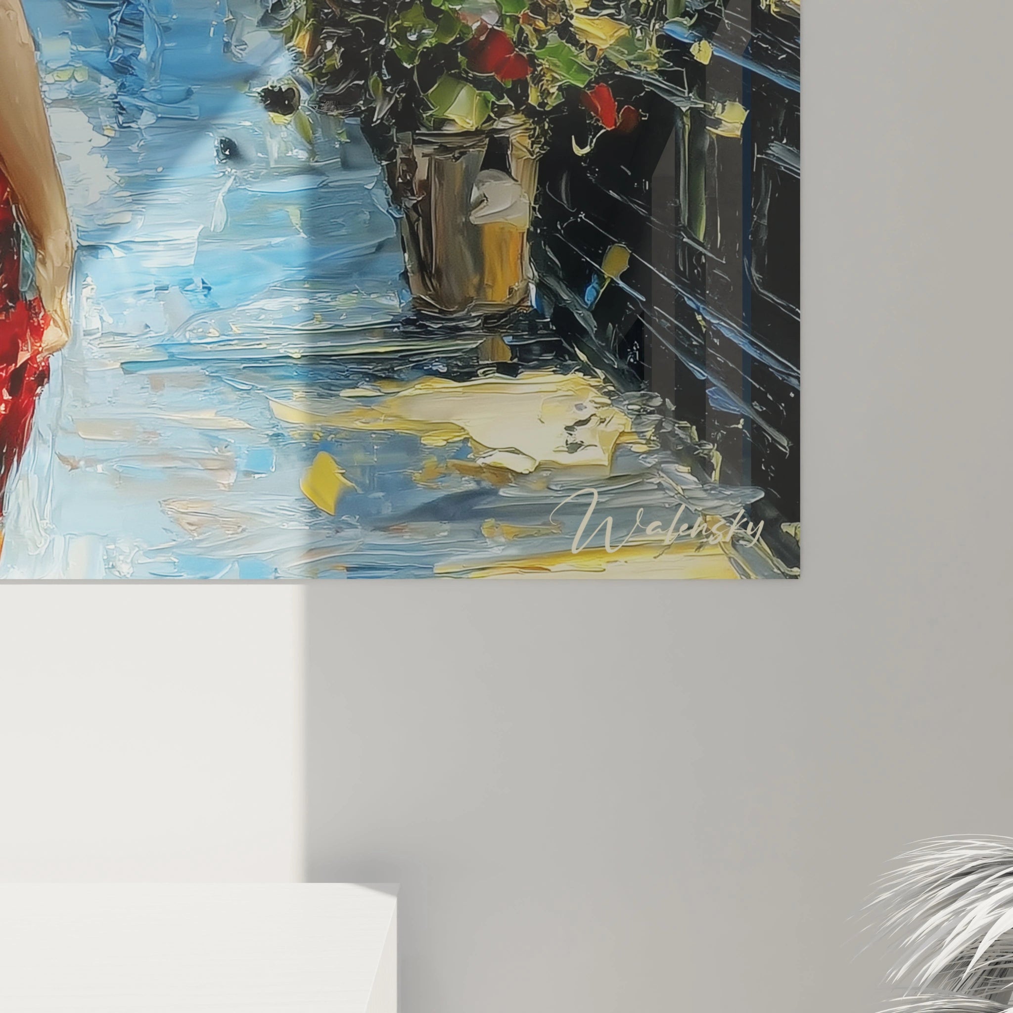 Tableau mural dame en rouge de Walensky avec une scène colorée et vivante de la ville