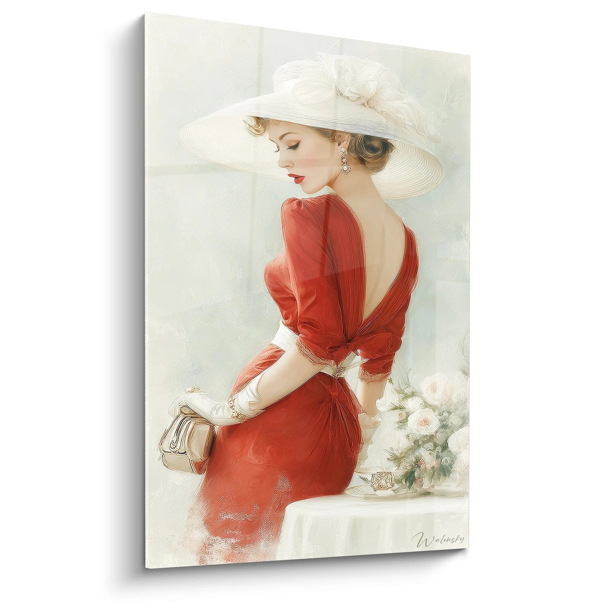 Tableau femme élégante vintage en rouge avec chapeau et sac à main, décoré de fleurs