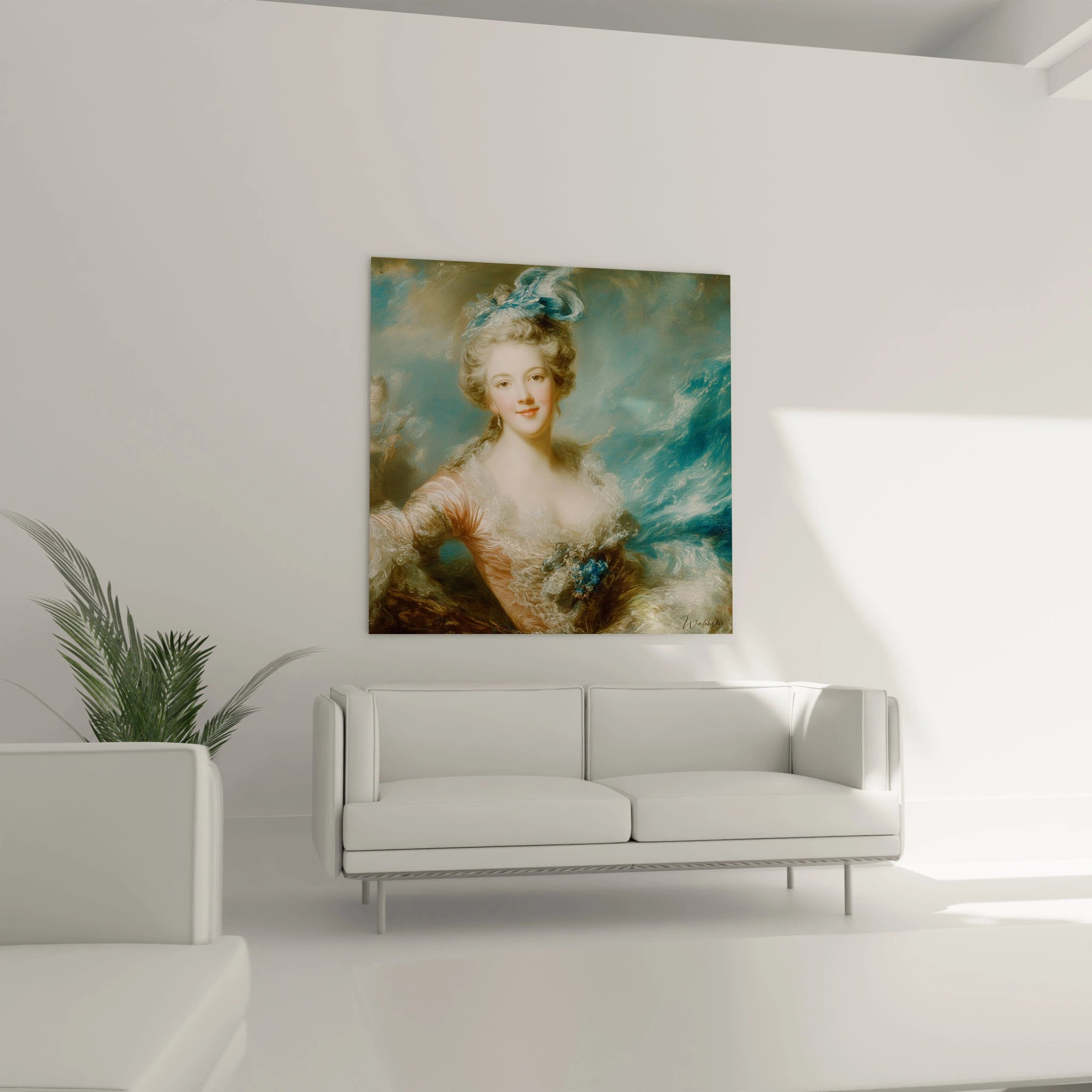Tableau mural Walensky montrant une dame en portrait rococo en robe pastel et ruban bleu tableau dame rococo