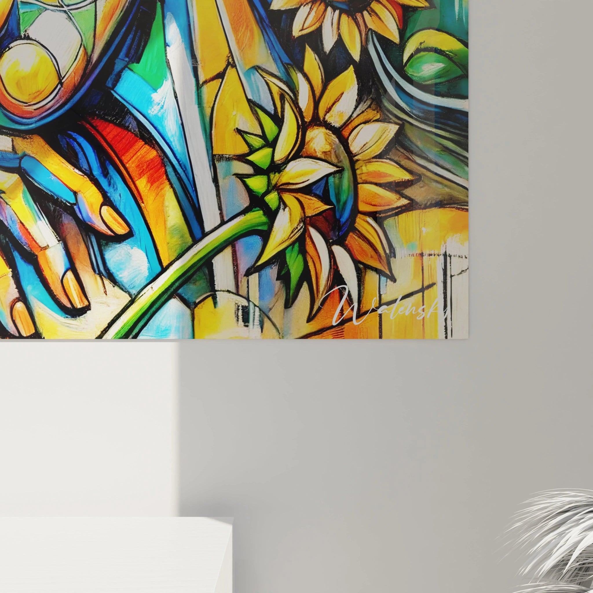 Un tableau fauvisme abstrait illustrant des tournesols et un visage, avec des couleurs éclatantes jaune et vert, et des effets visuels dynamiques.