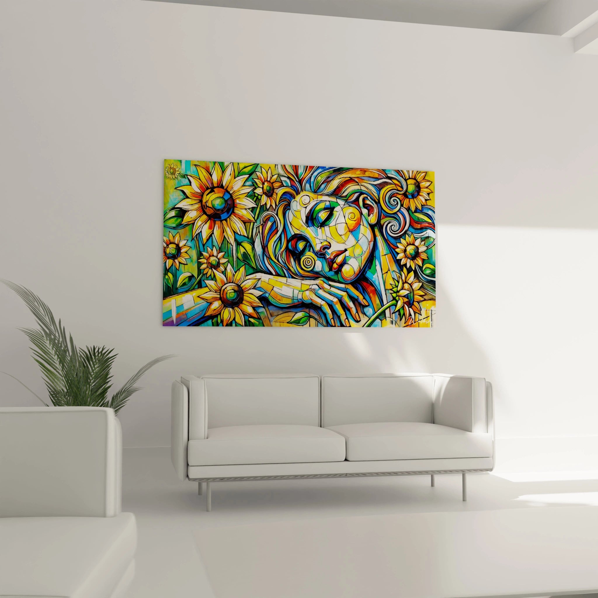 Un tableau fauvisme abstrait combinant des formes humaines et florales, avec des teintes dominantes de jaune et de bleu, et des lignes épaisses noires.